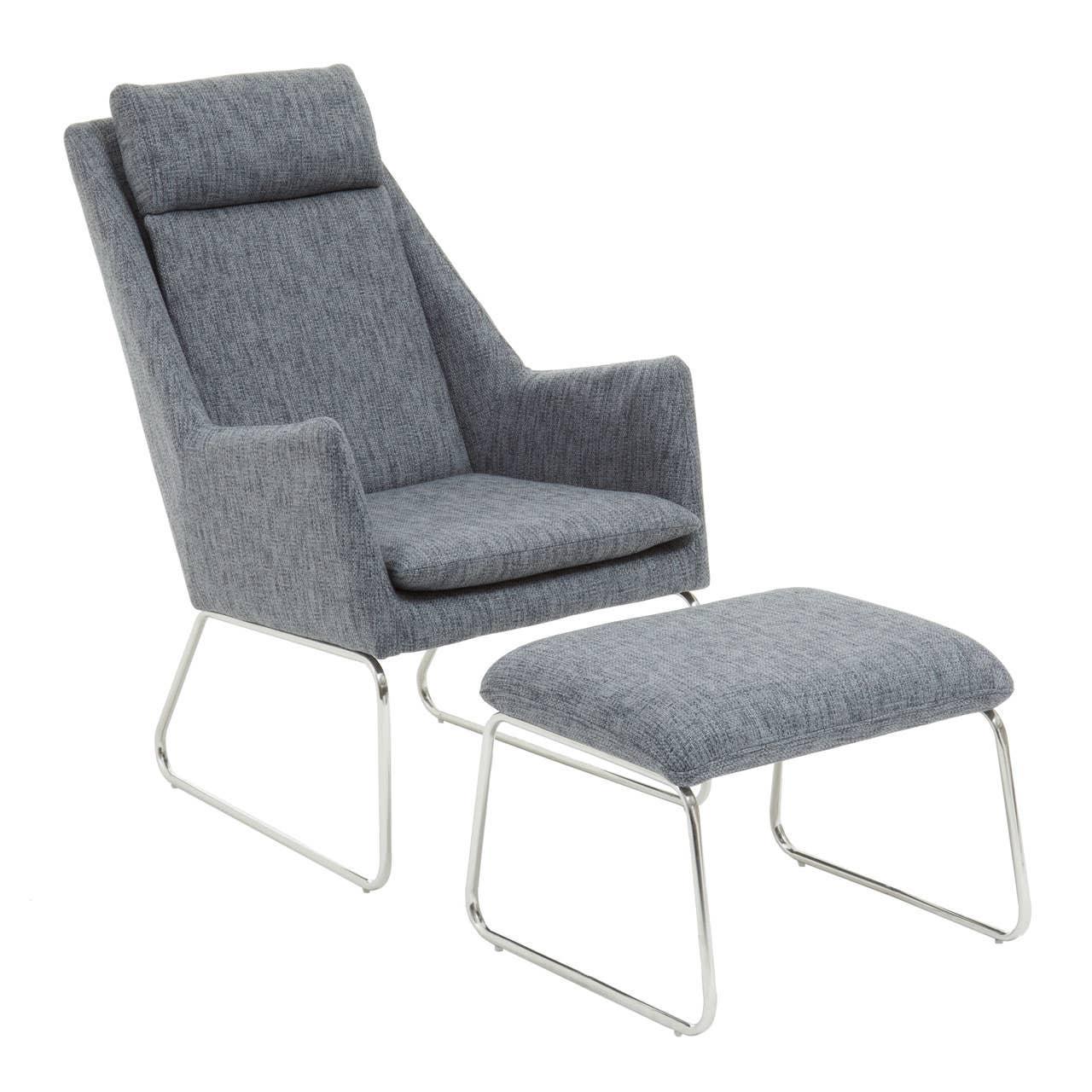 Grey fabric accent chair with matching footstool and chrome legs on white background