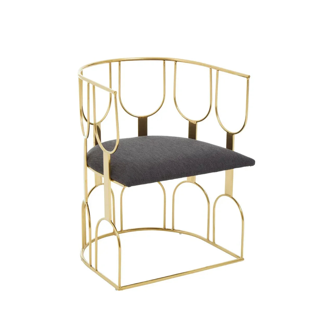 gold accent chair with black fabric seat and open metal frame