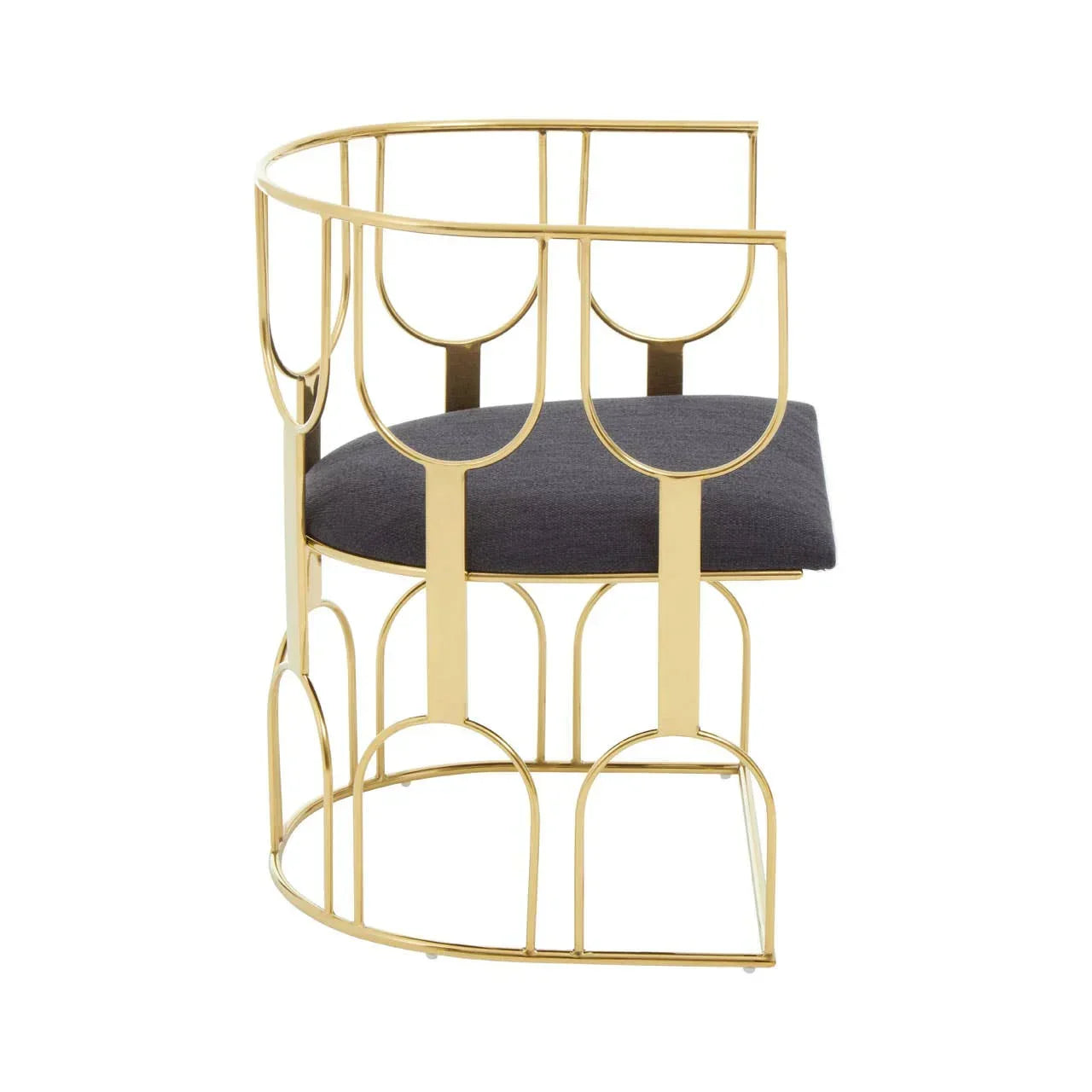 Modern accent chair with gold metal frame and black cushioned seat, side profile view