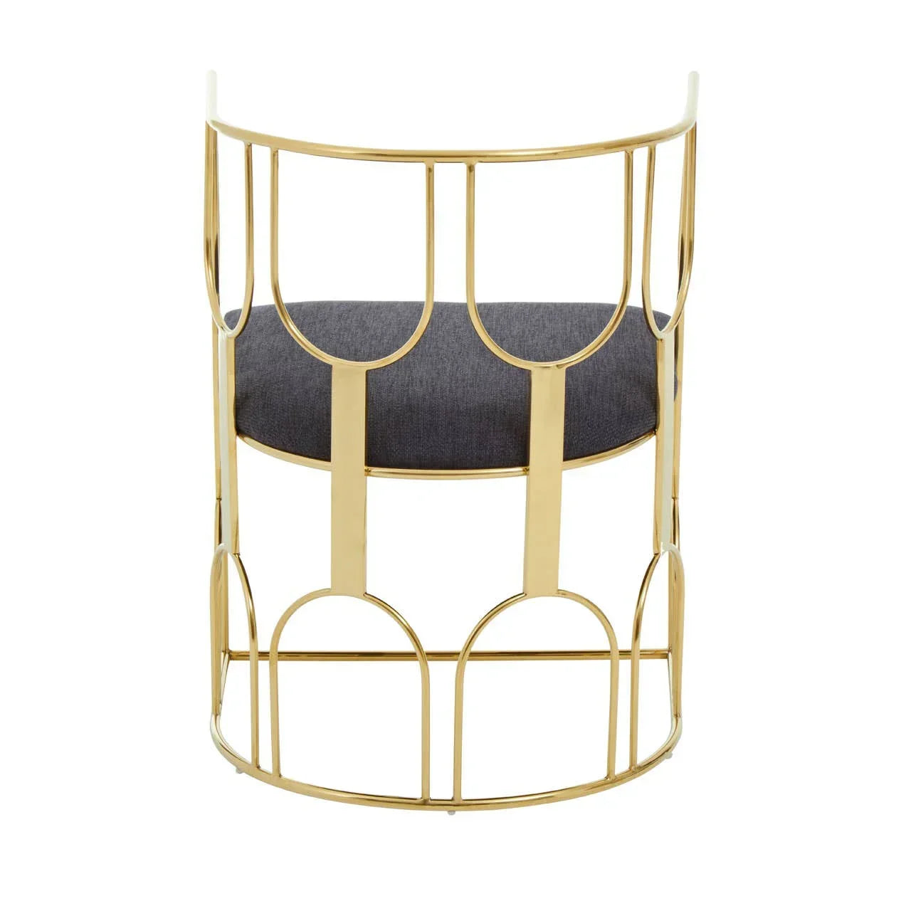 Gold metal accent chair with curved back and black upholstered seat