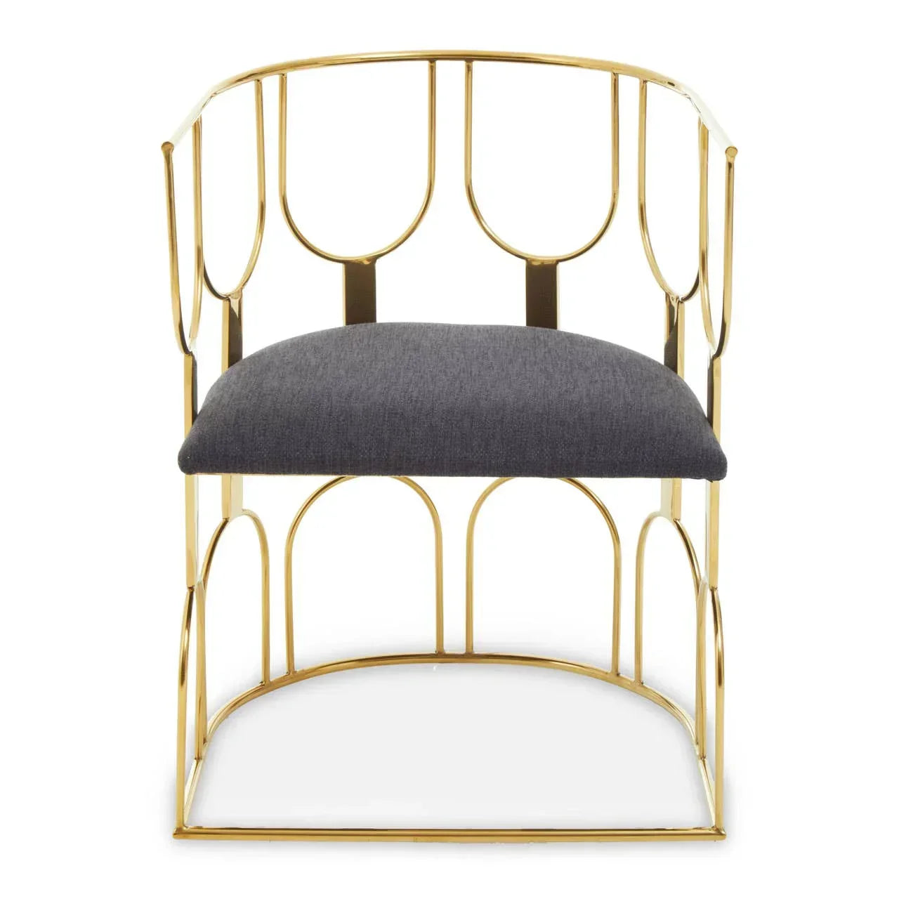 Gold metal accent chair with curved geometric frame and dark grey upholstered seat
