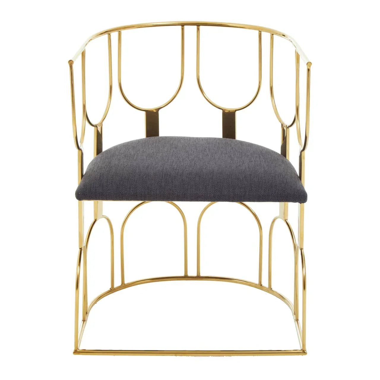 Gold metal accent chair with grey fabric cushion and open backrest, front view