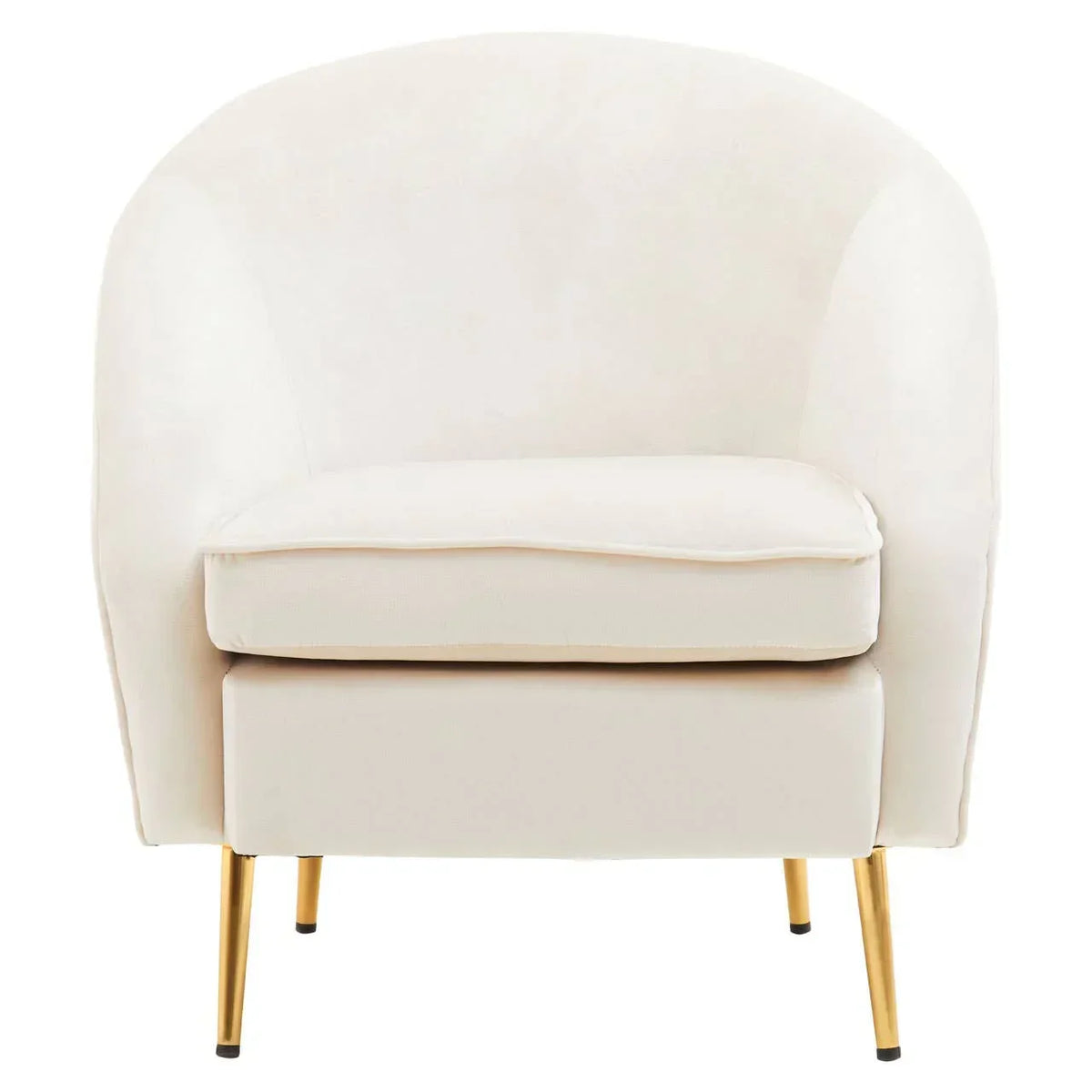 Cream accent chair with rounded backrest and gold metal legs, front view