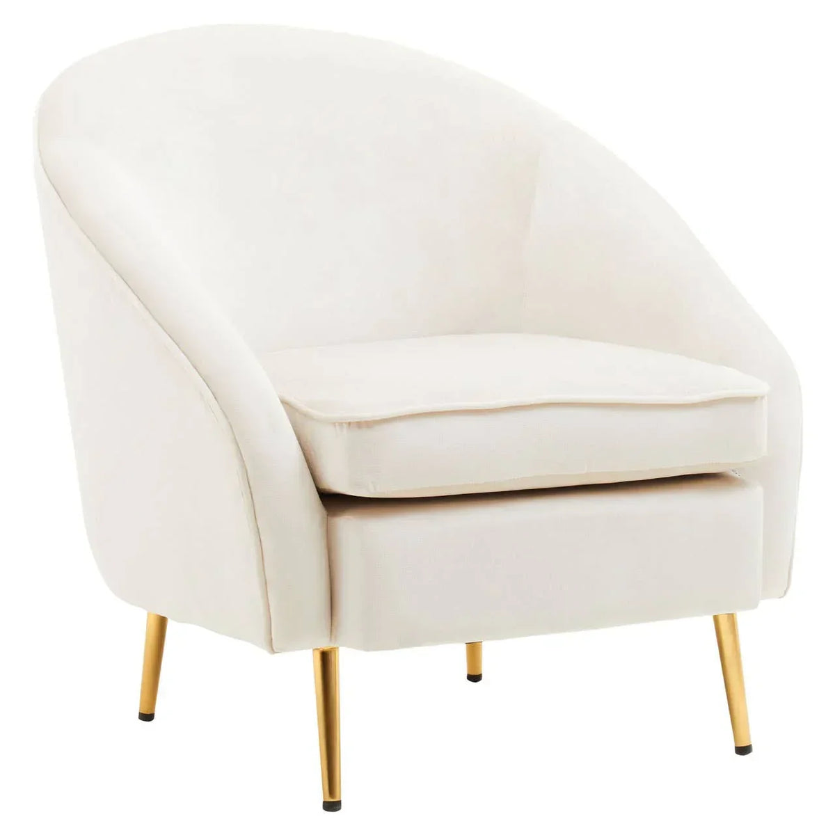 Cream velvet accent chair with curved back and gold metal legs front angle view