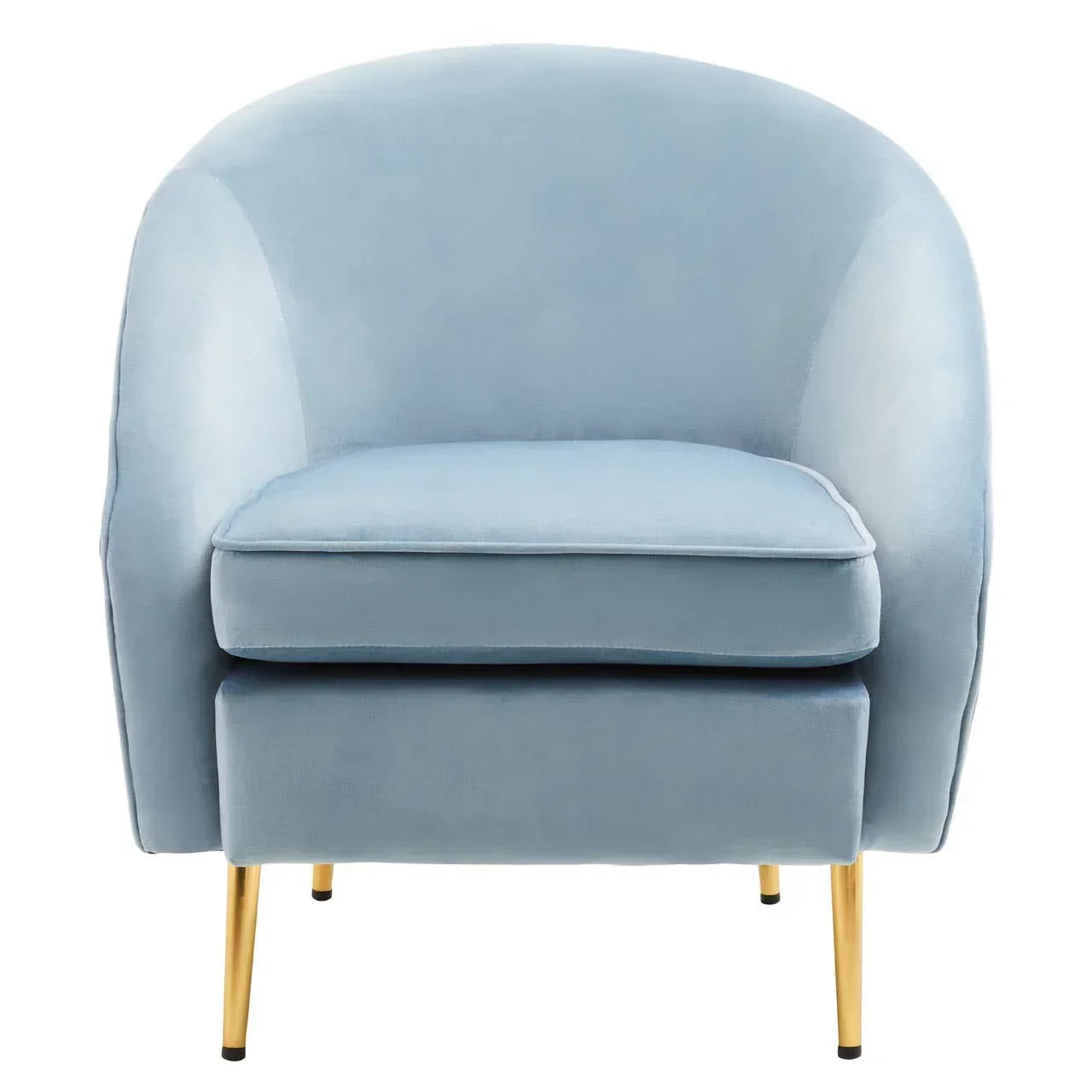 Blue velvet accent chair with curved back and gold metal legs, front view