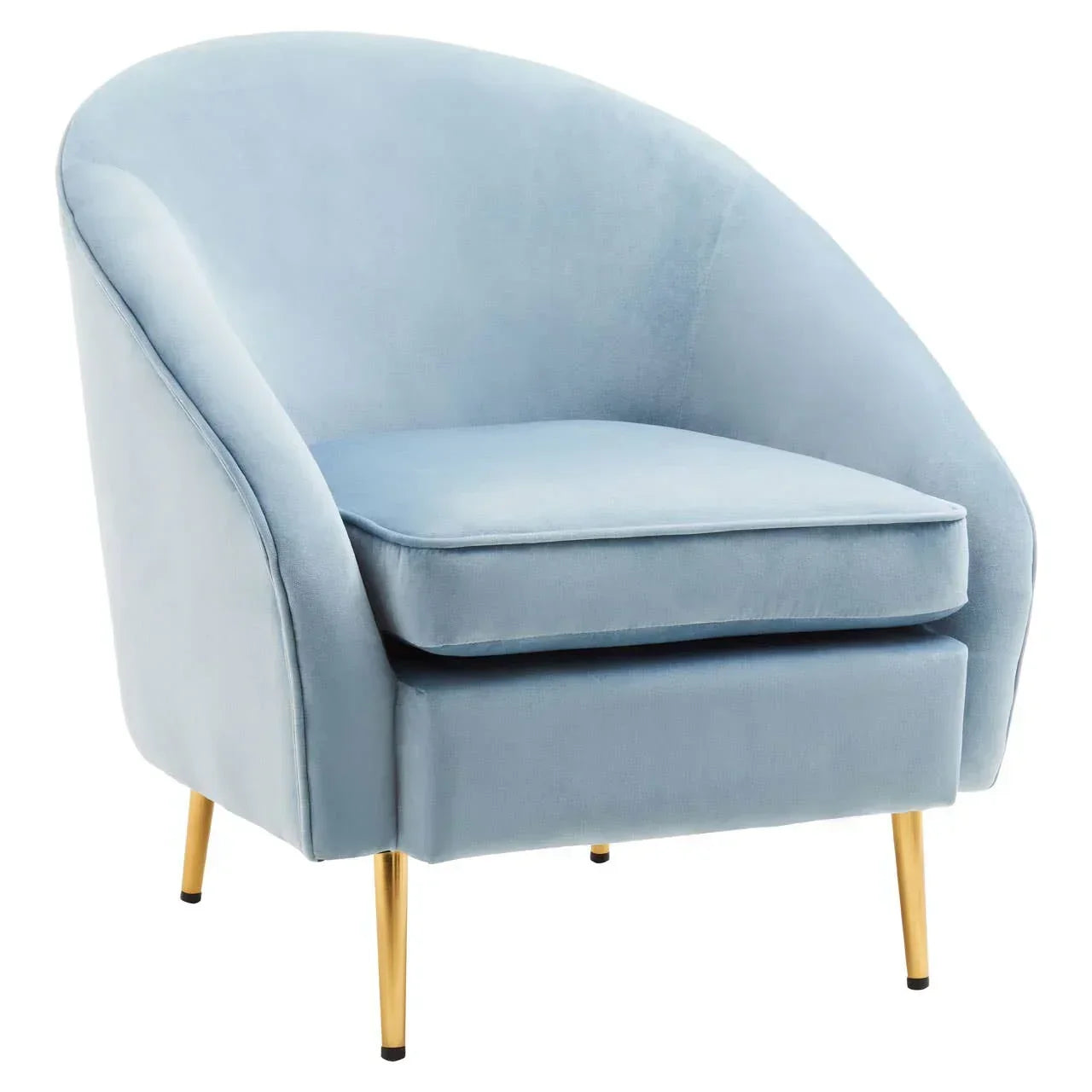 Light blue velvet accent chair with curved backrest and gold metal legs