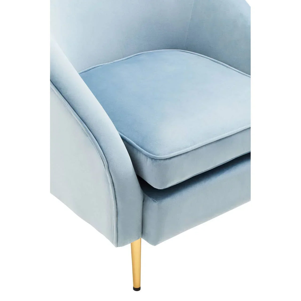 Light blue velvet armchair with gold metal leg, close-up of seat and armrest