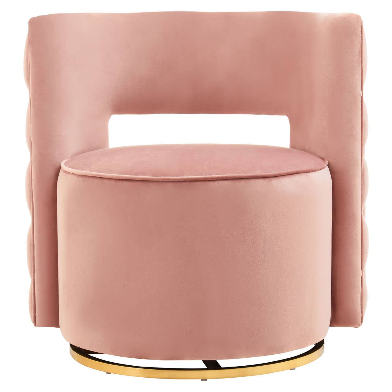 Blush pink velvet accent chair with open back and gold metal base, front view