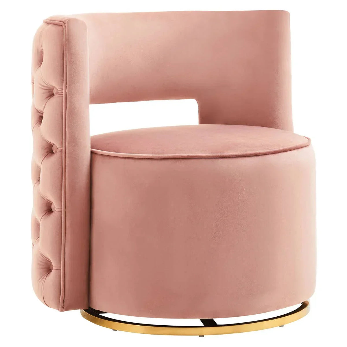 Blush pink velvet accent chair with tufted back and gold metal base