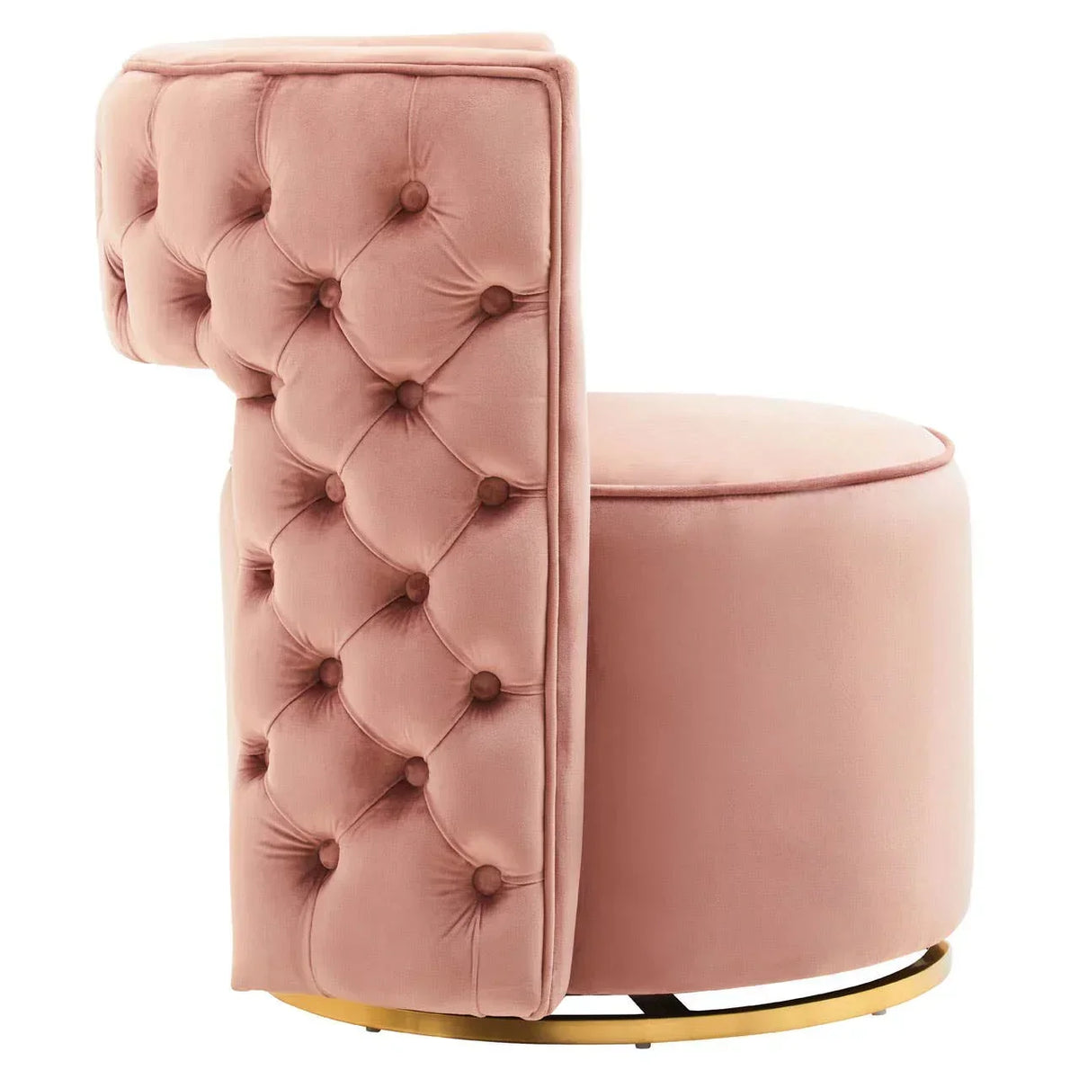 Blush pink velvet accent chair with button tufting and gold metal base, side view