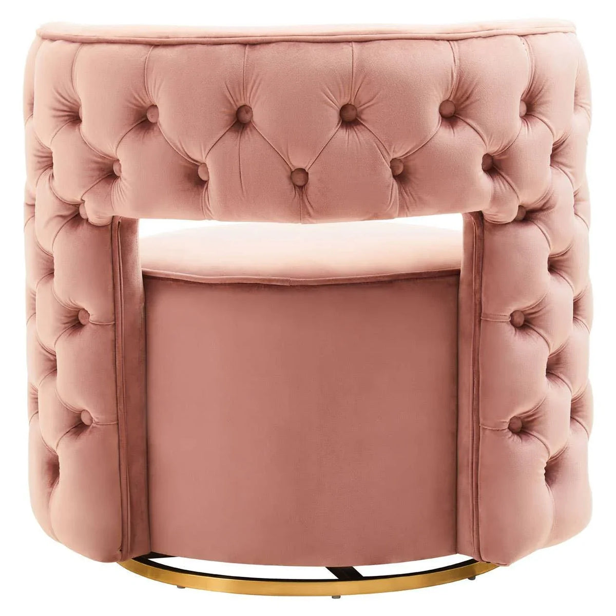 Blush pink velvet accent chair with button-tufted back and gold circular base, rear view