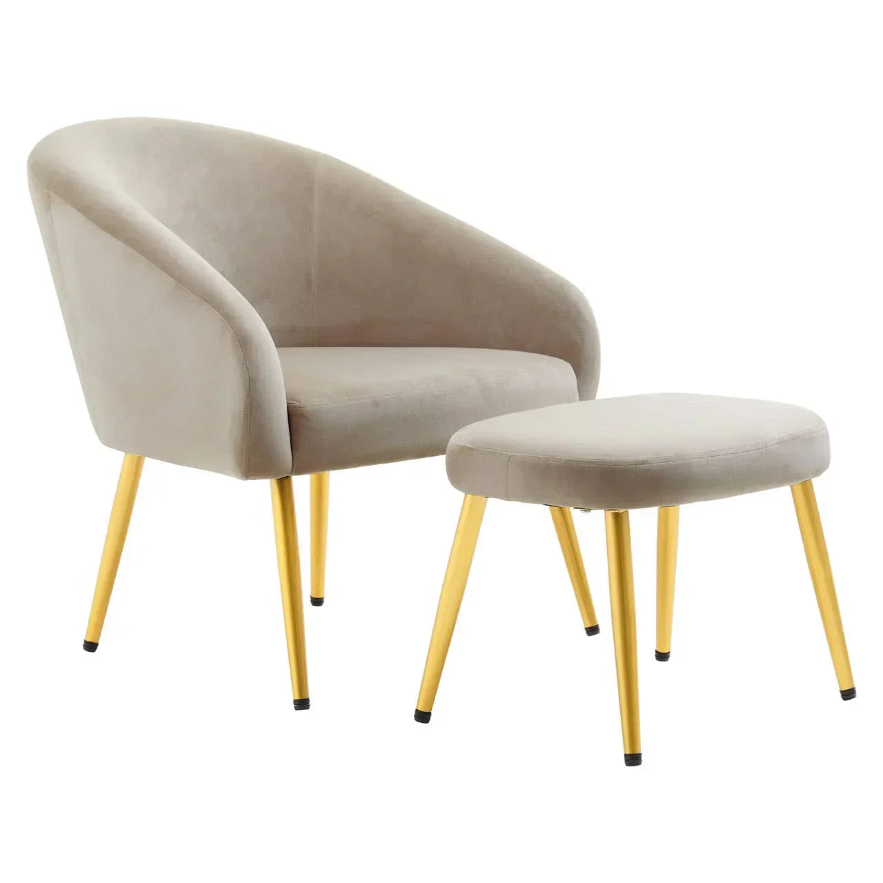 Beige velvet accent chair with gold legs and matching ottoman on white background