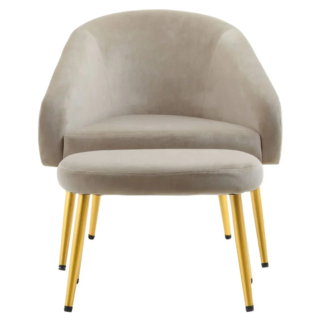 Beige velvet accent chair and matching ottoman with gold metal legs