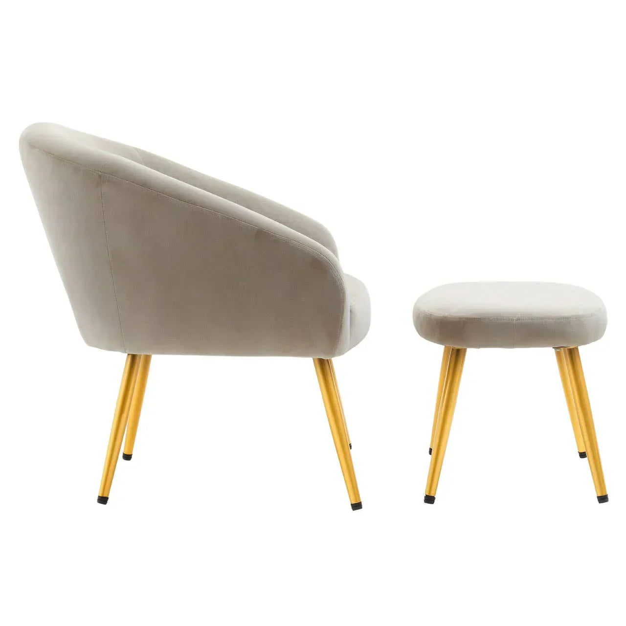 Grey velvet accent chair with gold metal legs and matching footstool, side view