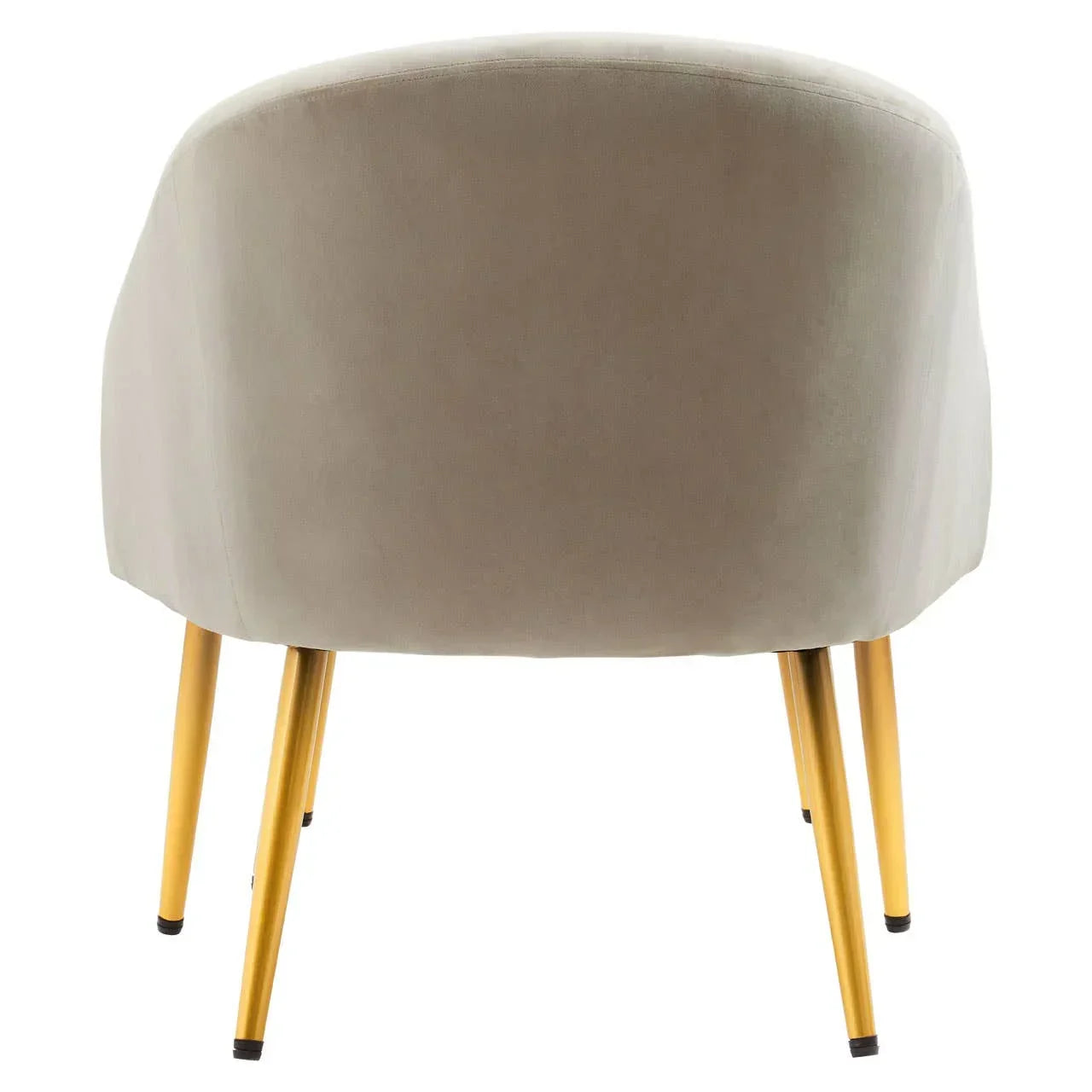 Velvet accent chair with gold metal legs shown from the back
