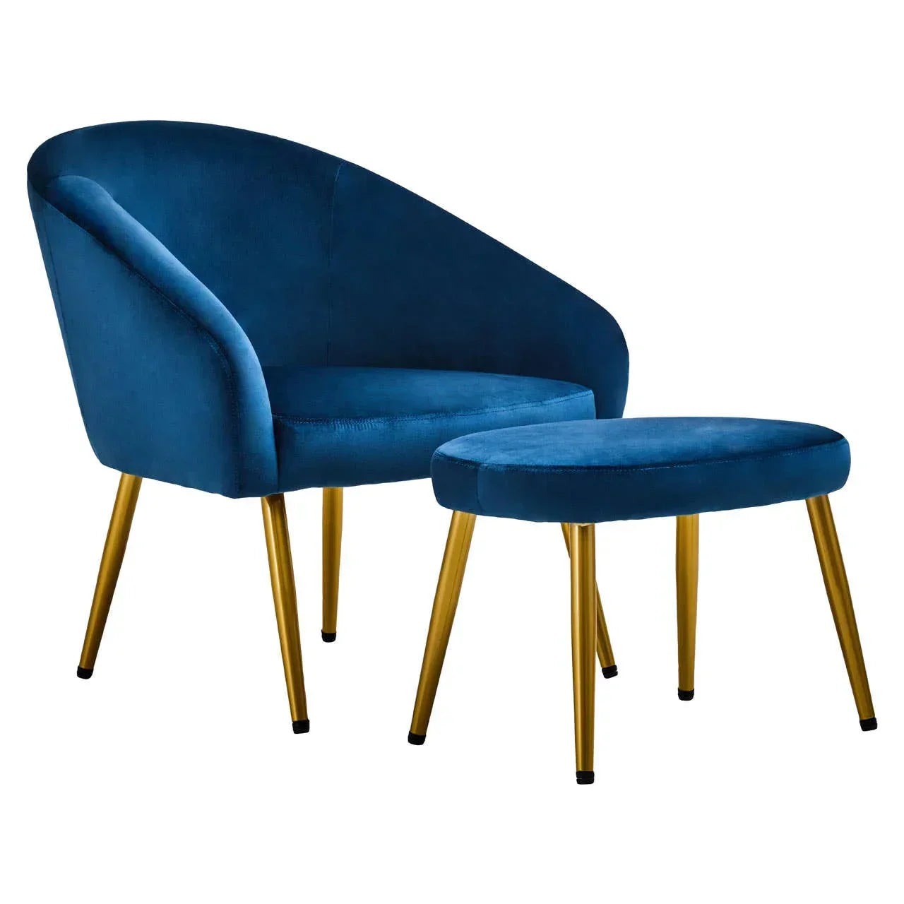 Blue velvet accent chair with matching footstool and gold metal legs
