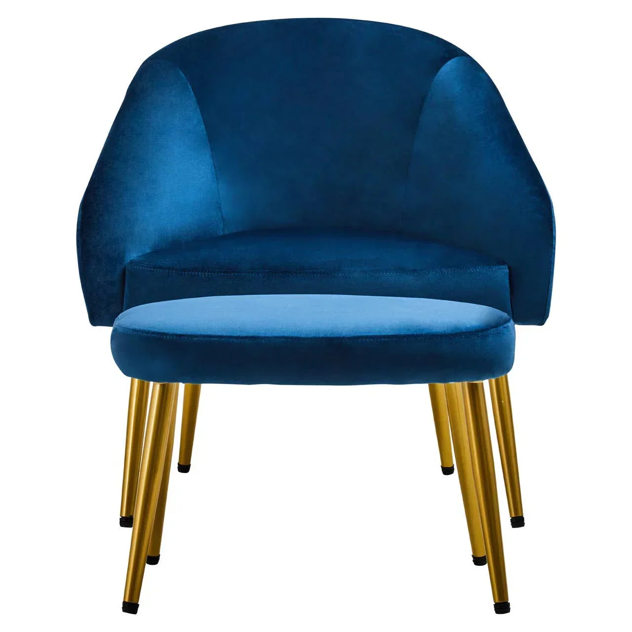 Blue velvet accent chair with gold metal legs, front view
