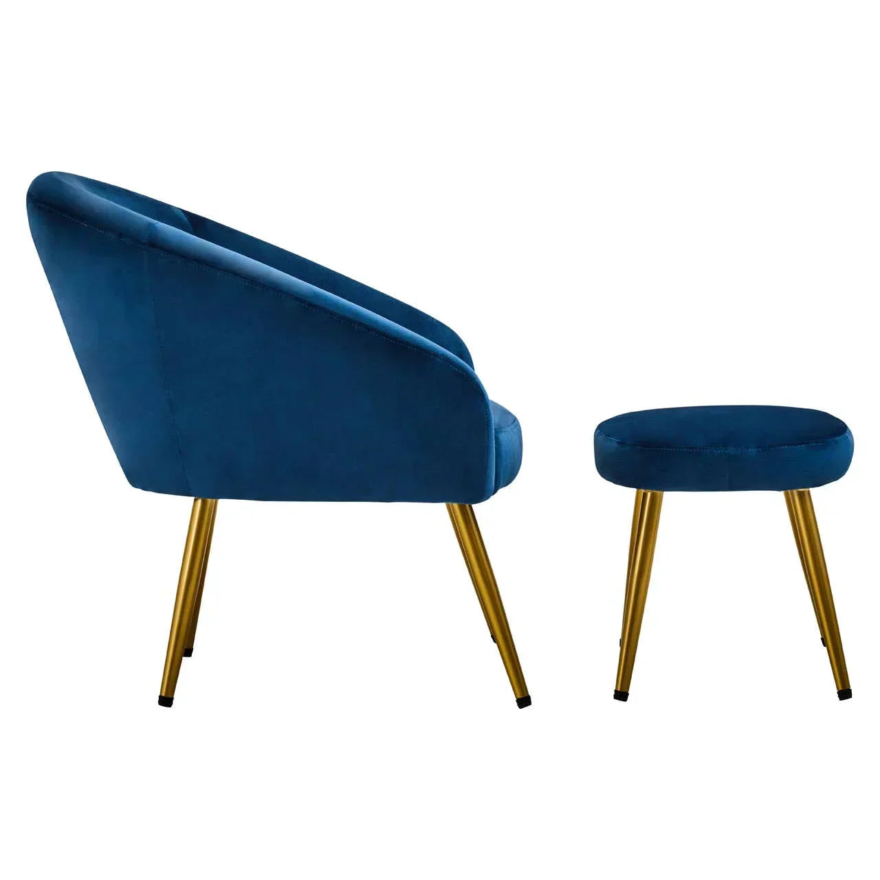Blue velvet accent chair and ottoman set with gold metal legs, side angle view