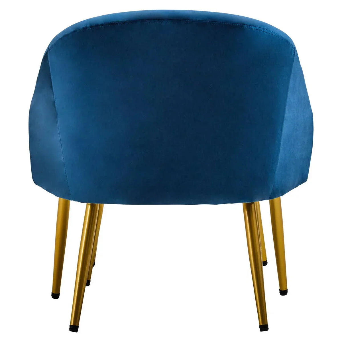 Blue velvet accent chair with curved backrest and gold metal legs, rear angle view
