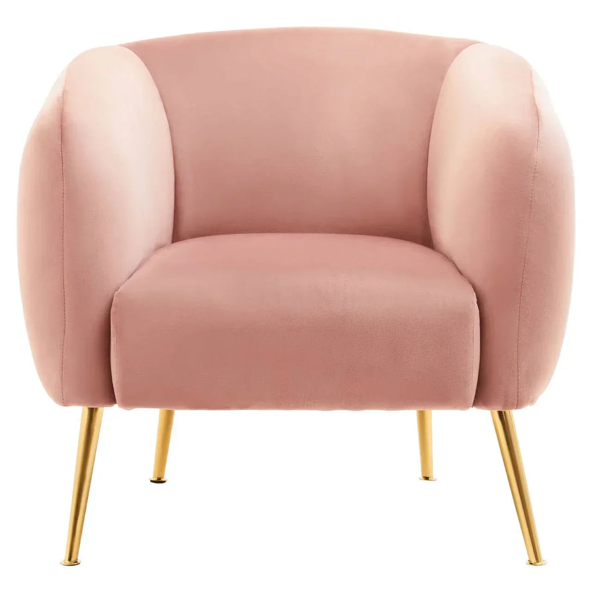 Blush pink velvet armchair with gold metal legs, front view