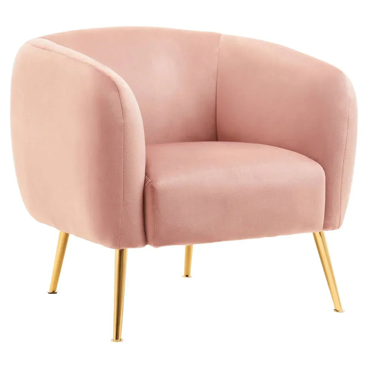 Pink velvet accent chair with curved back and gold metal legs