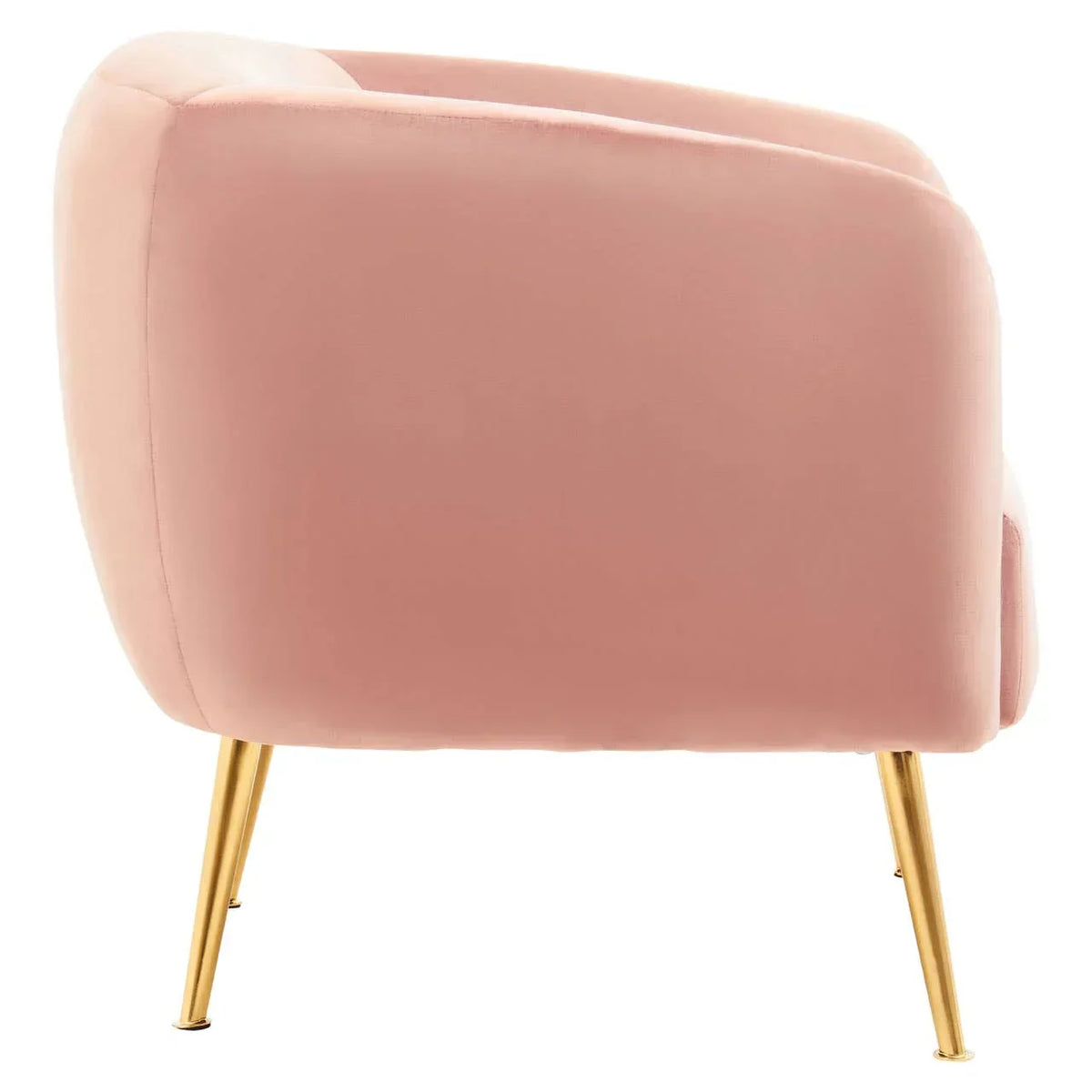 Blush pink velvet armchair with gold metal legs, rear side angle view