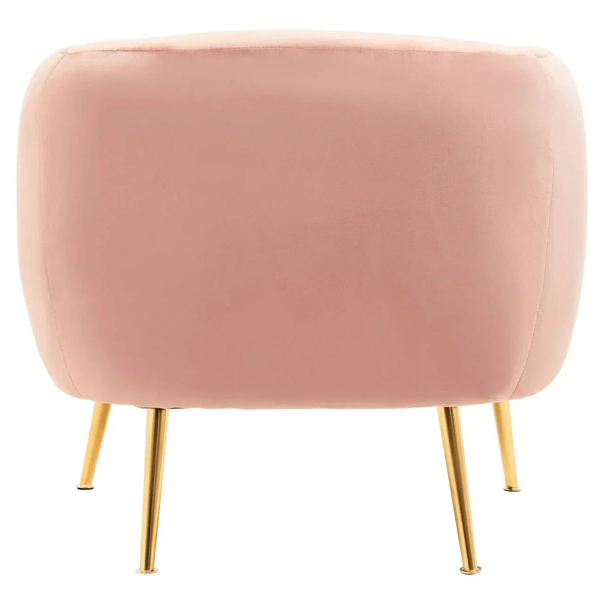 Pink velvet ottoman with gold metal legs, rear angle view on white background
