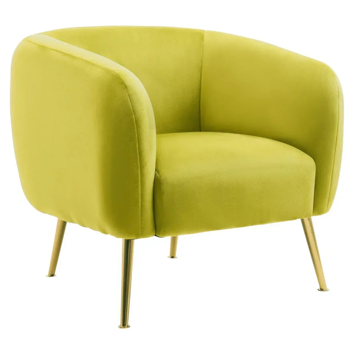 Green velvet accent chair with curved back and slim gold metal legs