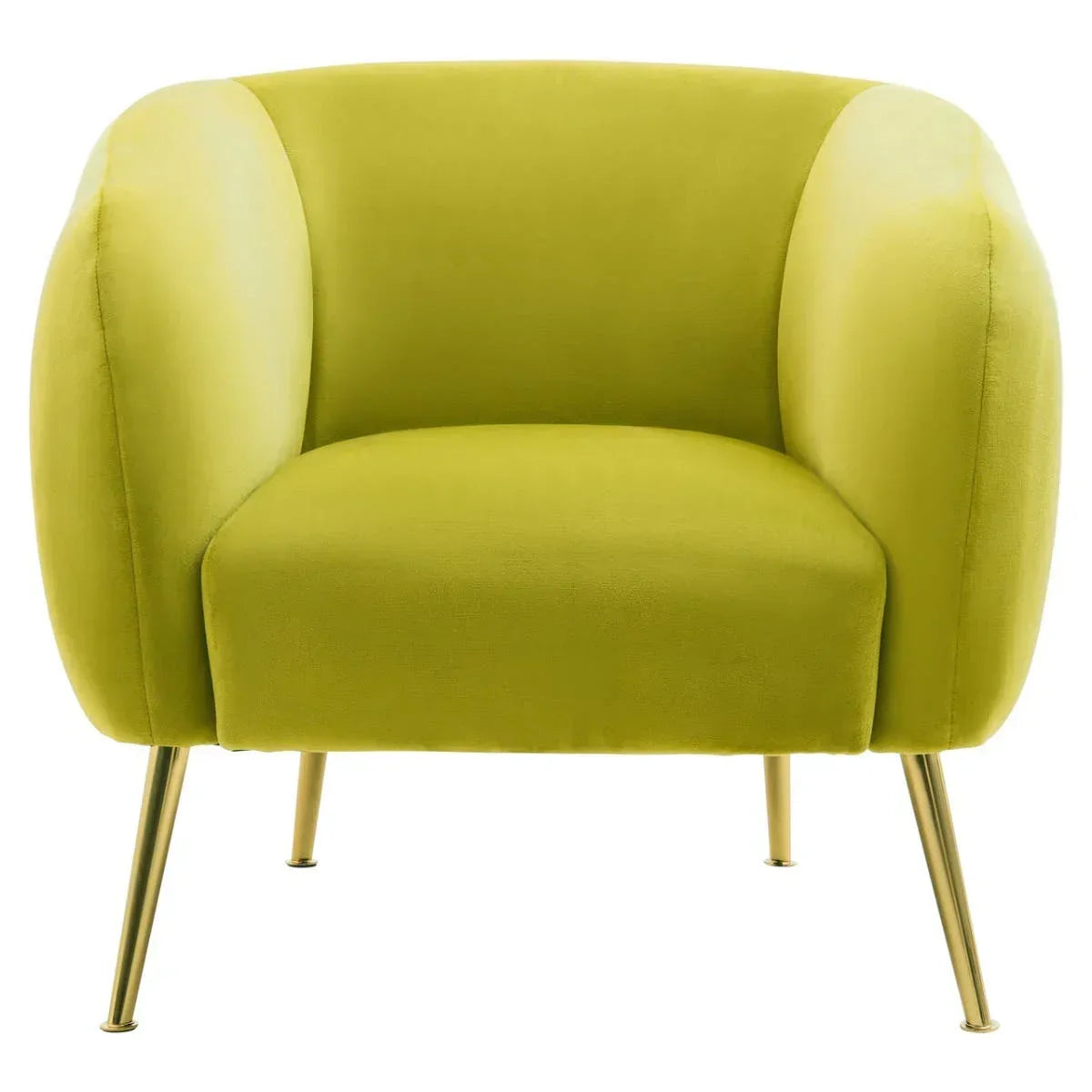 Green velvet accent armchair with curved back and gold metal legs, front angle view
