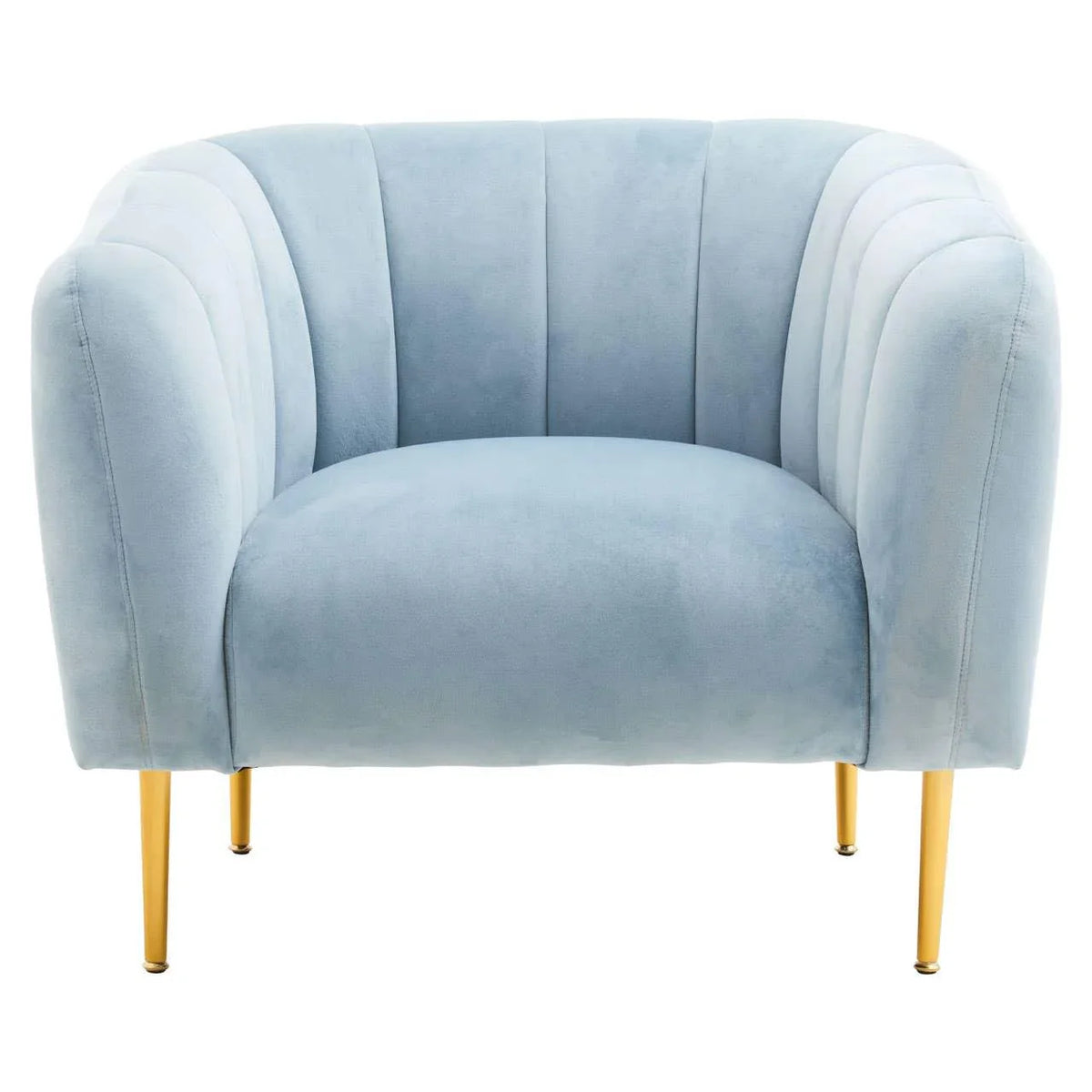 Blue velvet armchair with scalloped backrest and gold metal legs, front angle view