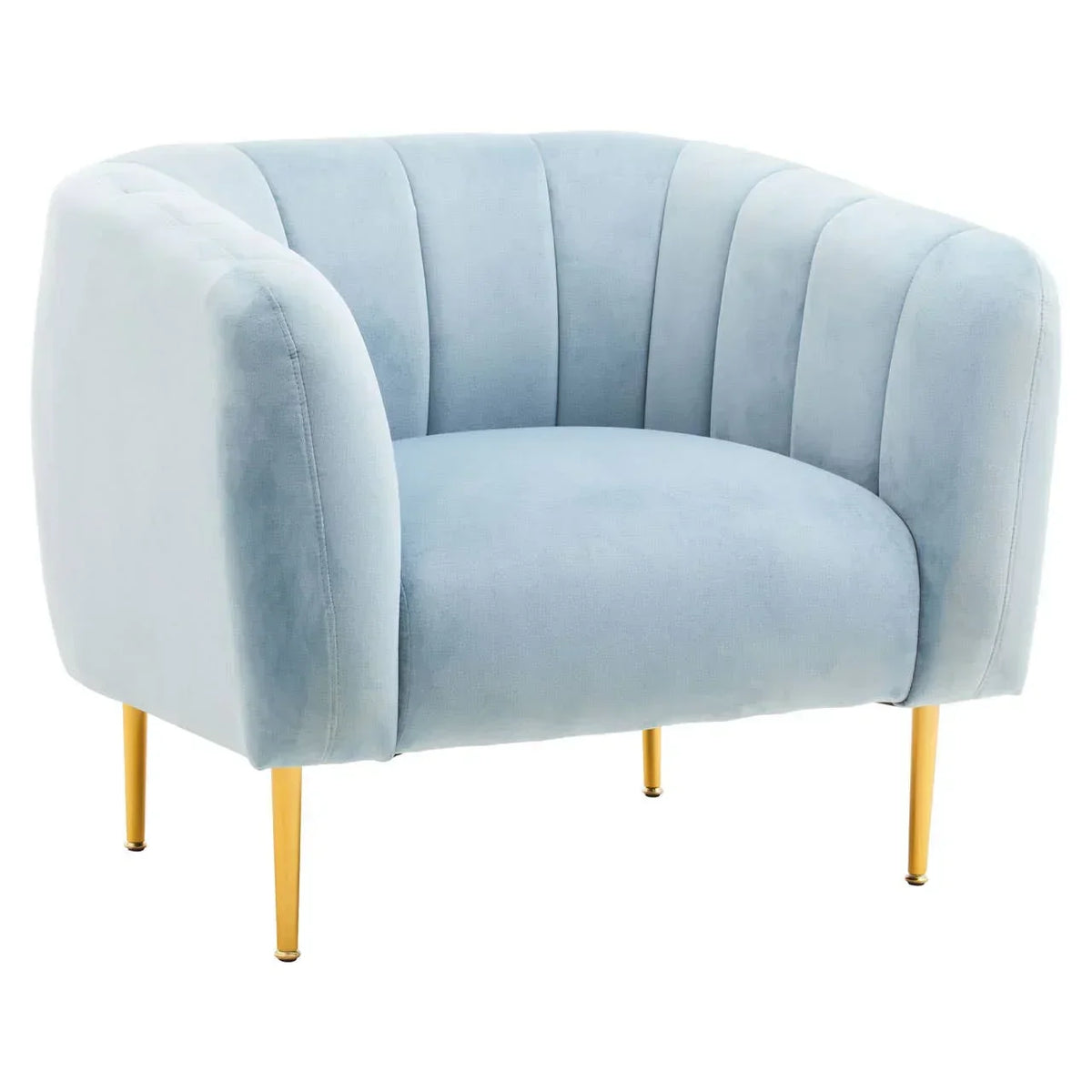 Light blue velvet accent chair with gold metal legs and scalloped backrest