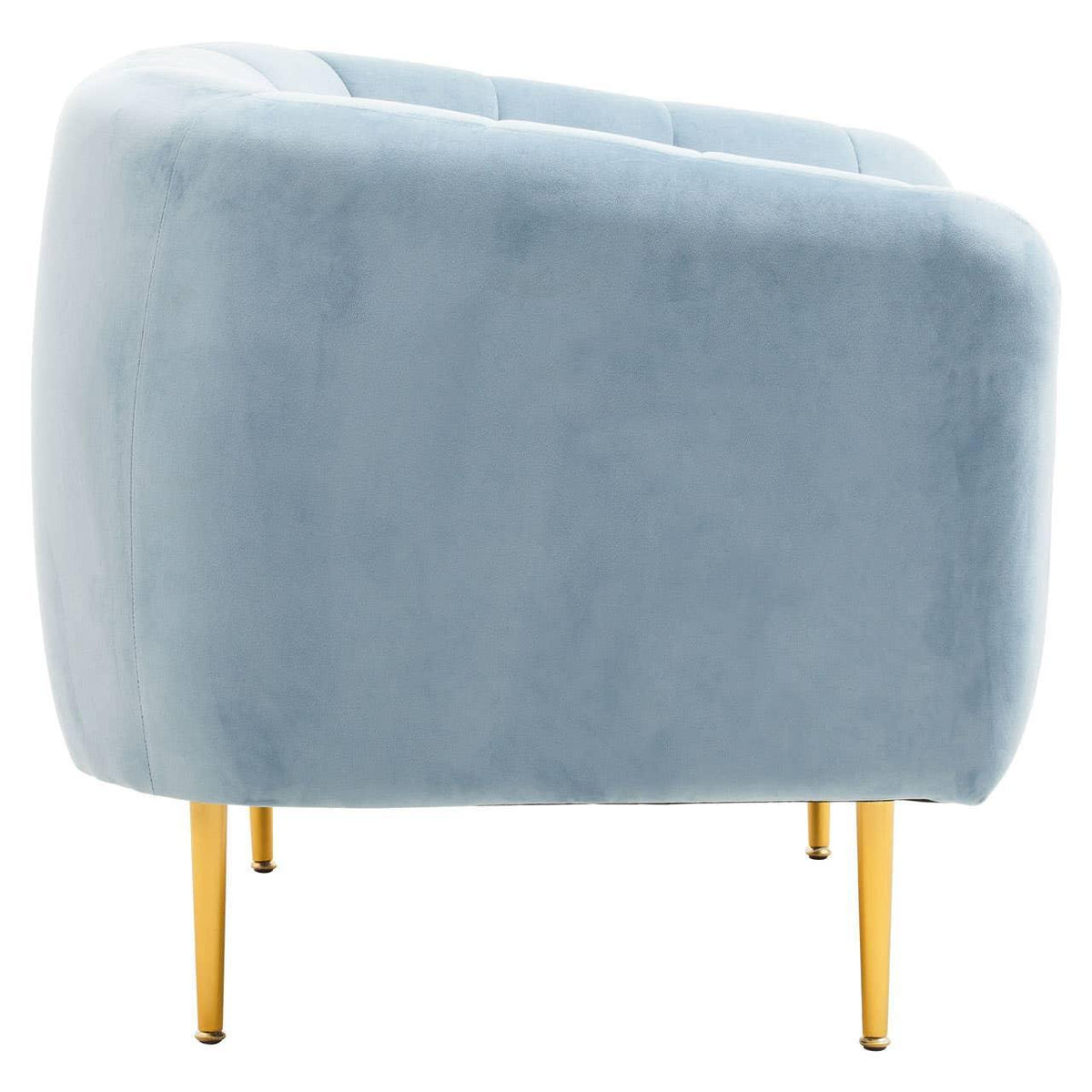 Side view of light blue velvet armchair with gold metal legs