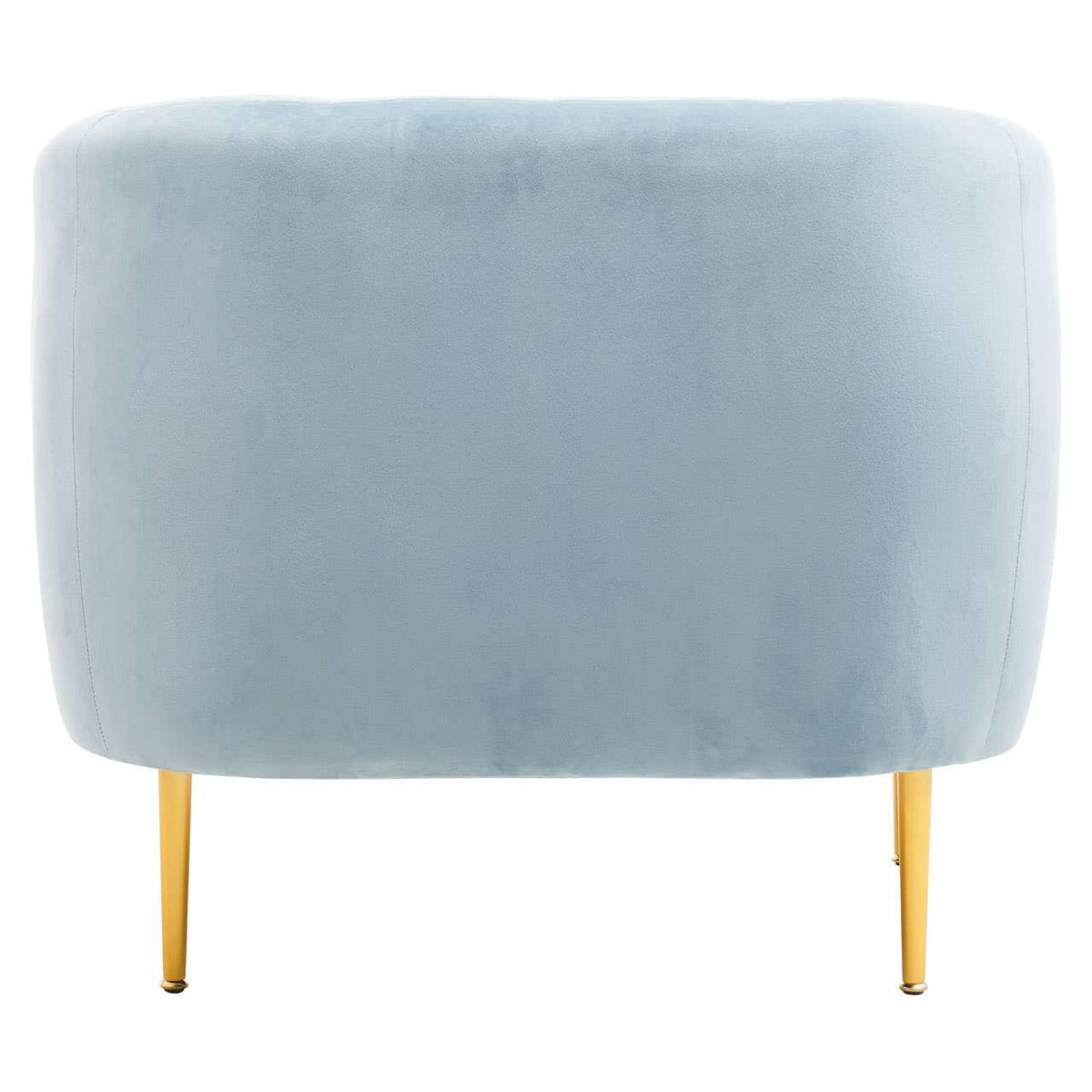 Blue velvet armchair rear view with gold metal legs