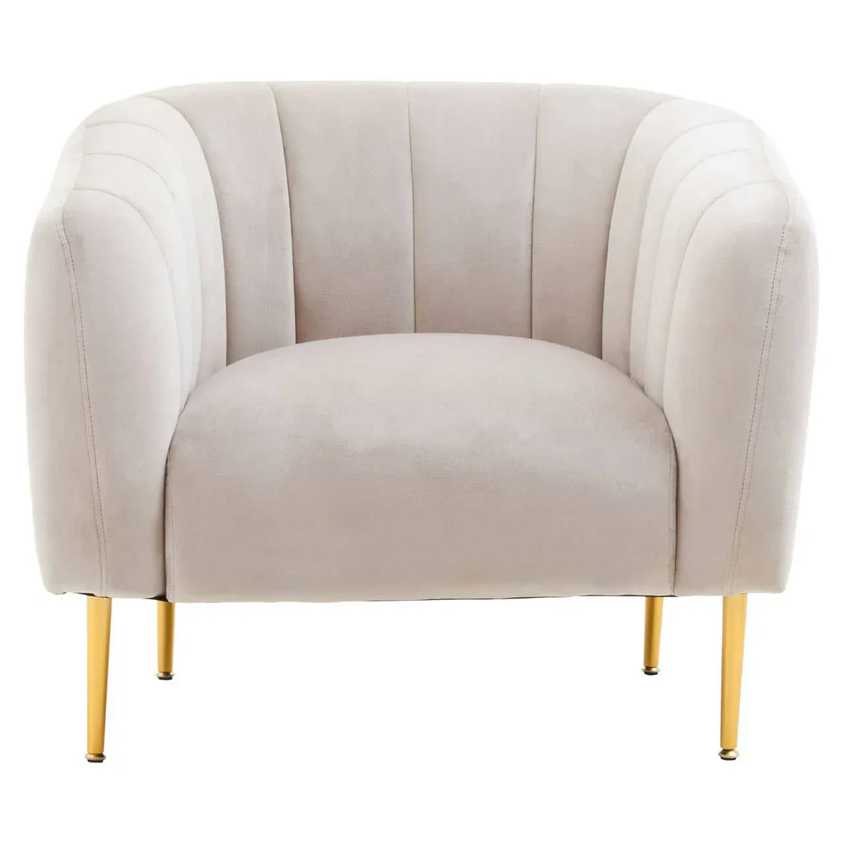 Cream velvet accent chair with gold metal legs and curved backrest, front view