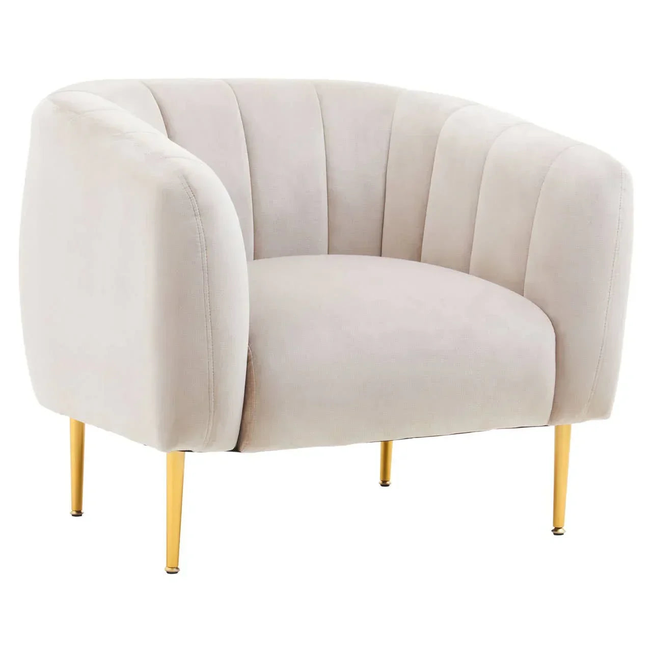 Cream velvet armchair with curved backrest and gold metal legs