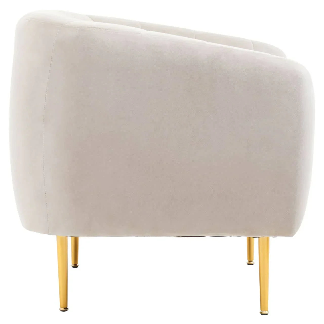 Beige upholstered accent chair with gold metal legs, rear angle view