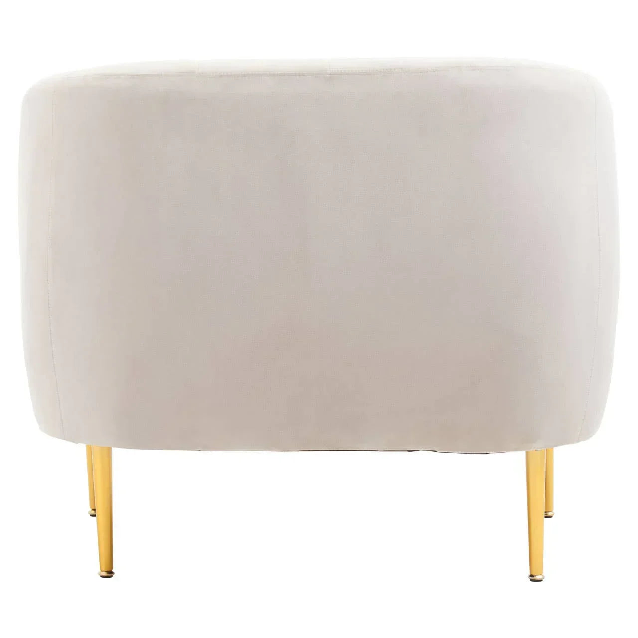 Beige accent chair rear view with gold metal legs