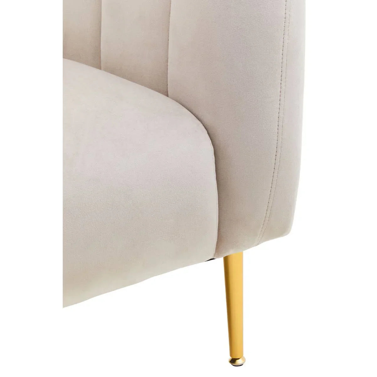 Beige velvet sofa corner with vertical stitching and slim gold metal leg