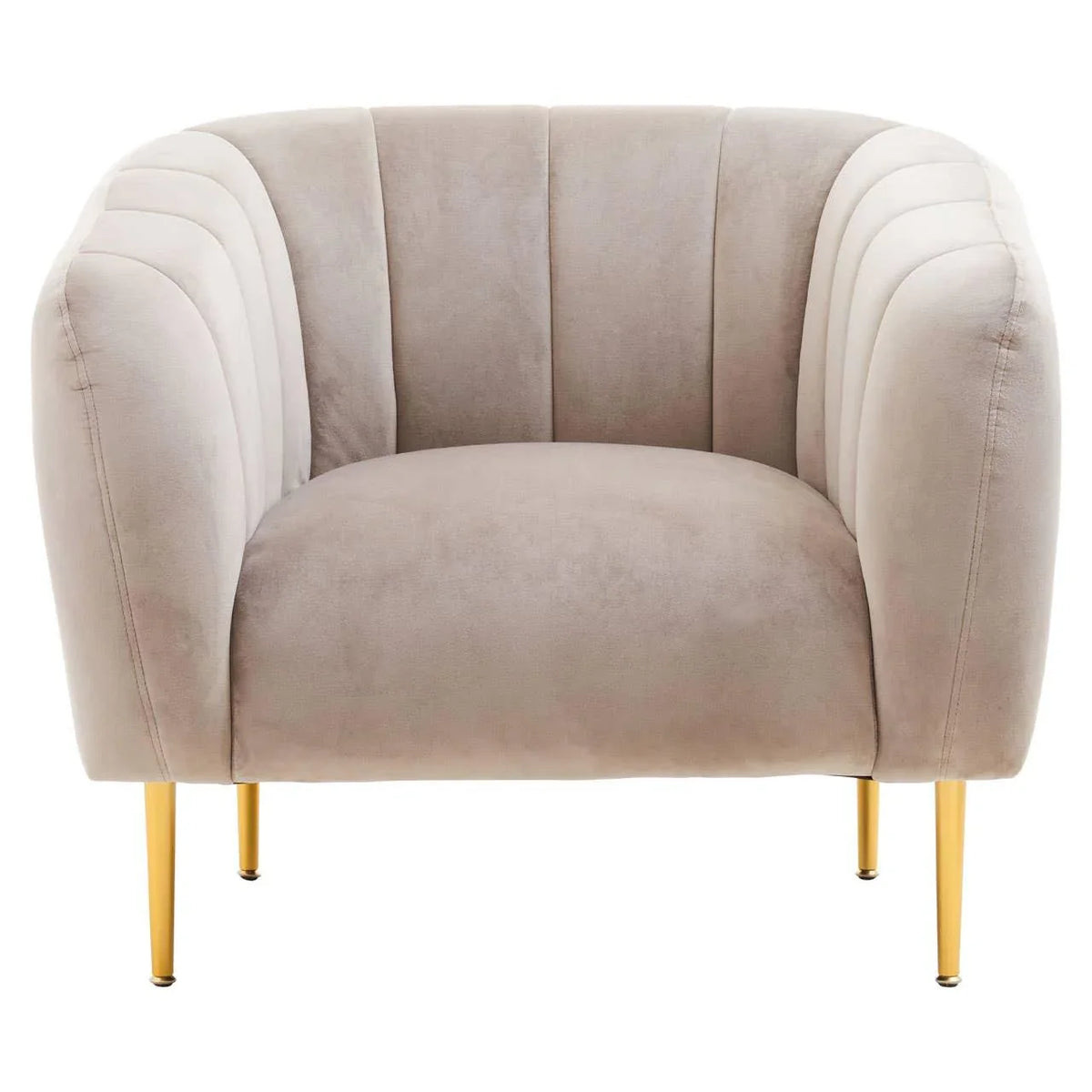 Beige velvet armchair with gold metal legs and scalloped backrest, front view