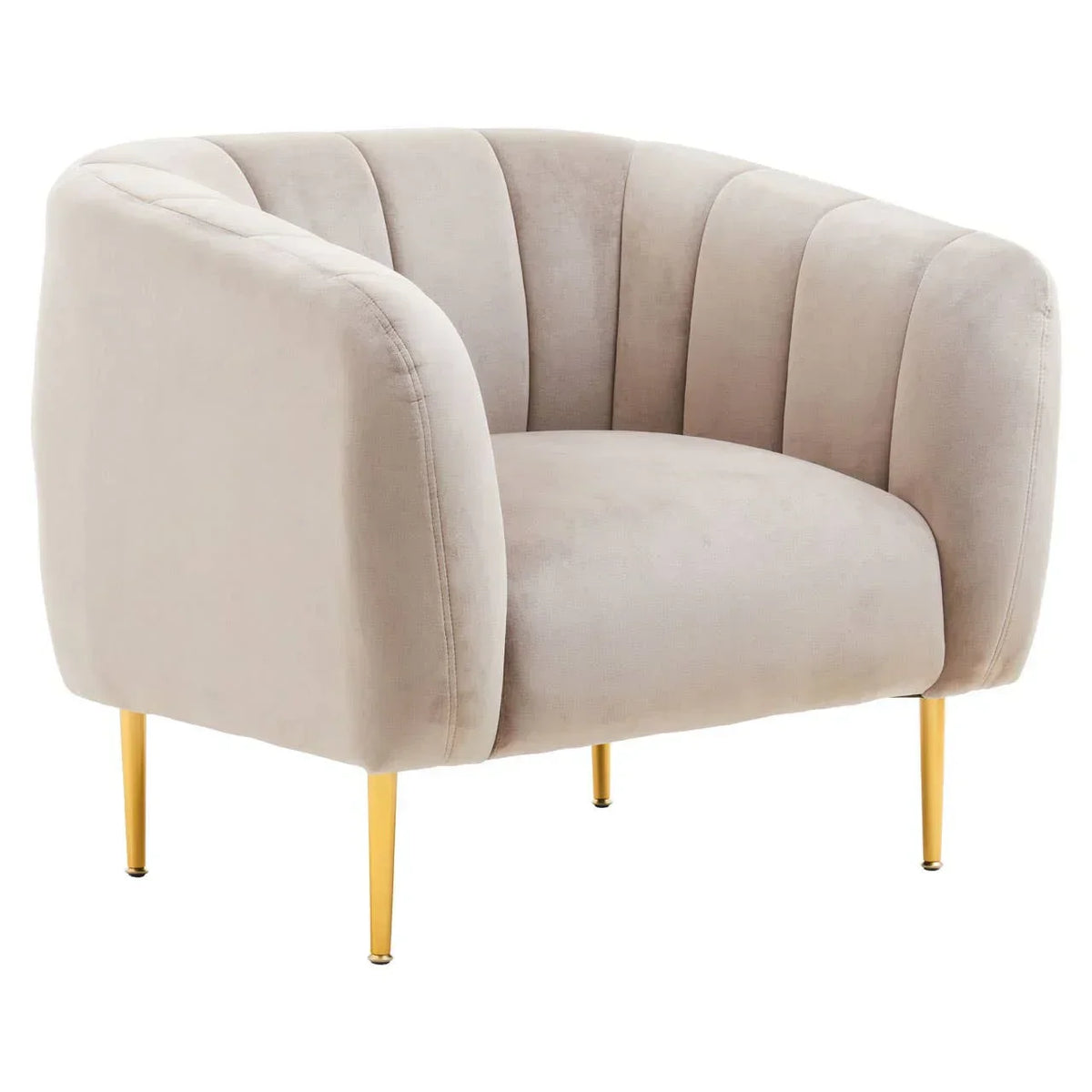 Beige velvet accent chair with gold metal legs and scalloped backrest