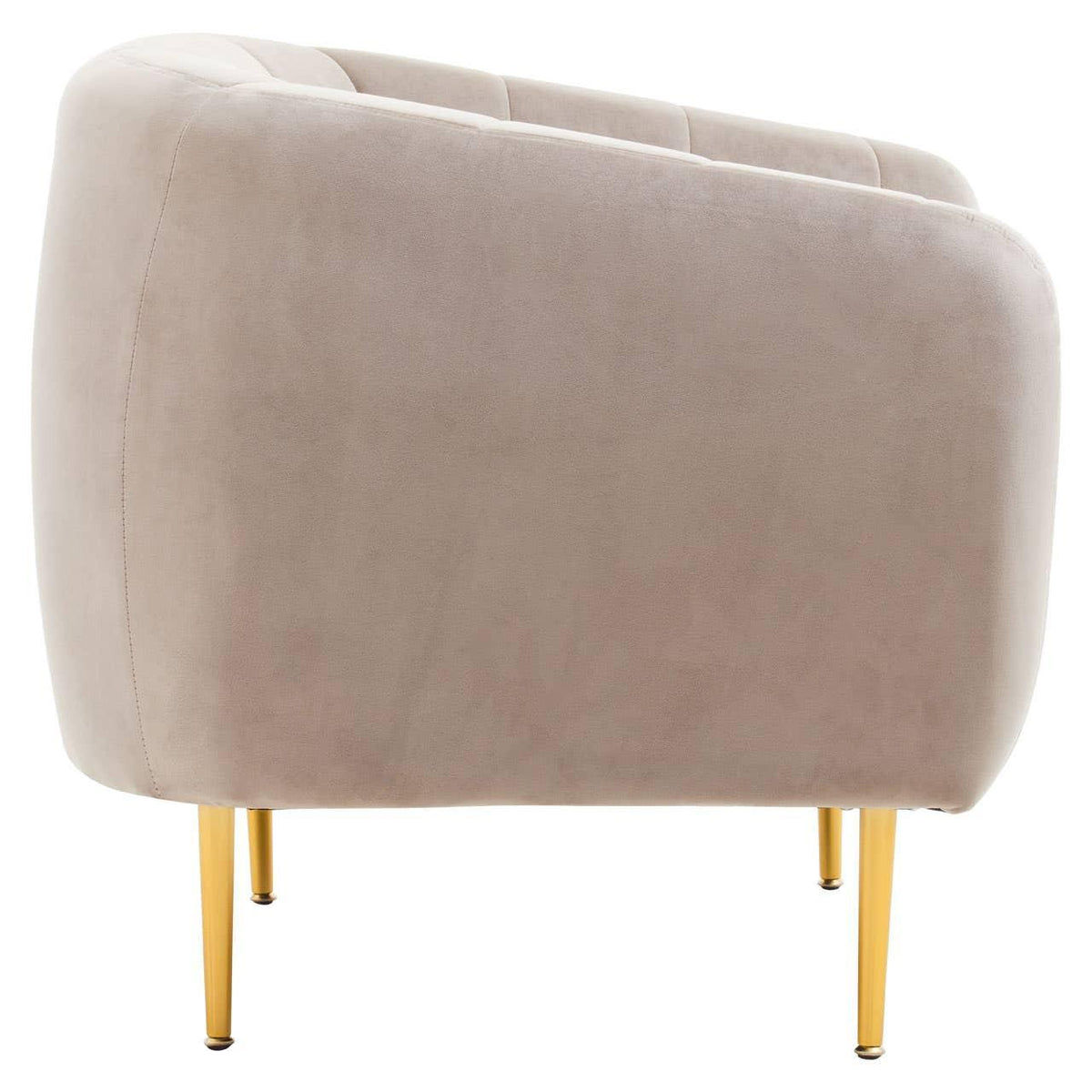 Beige velvet armchair with curved back and gold metal legs, side view