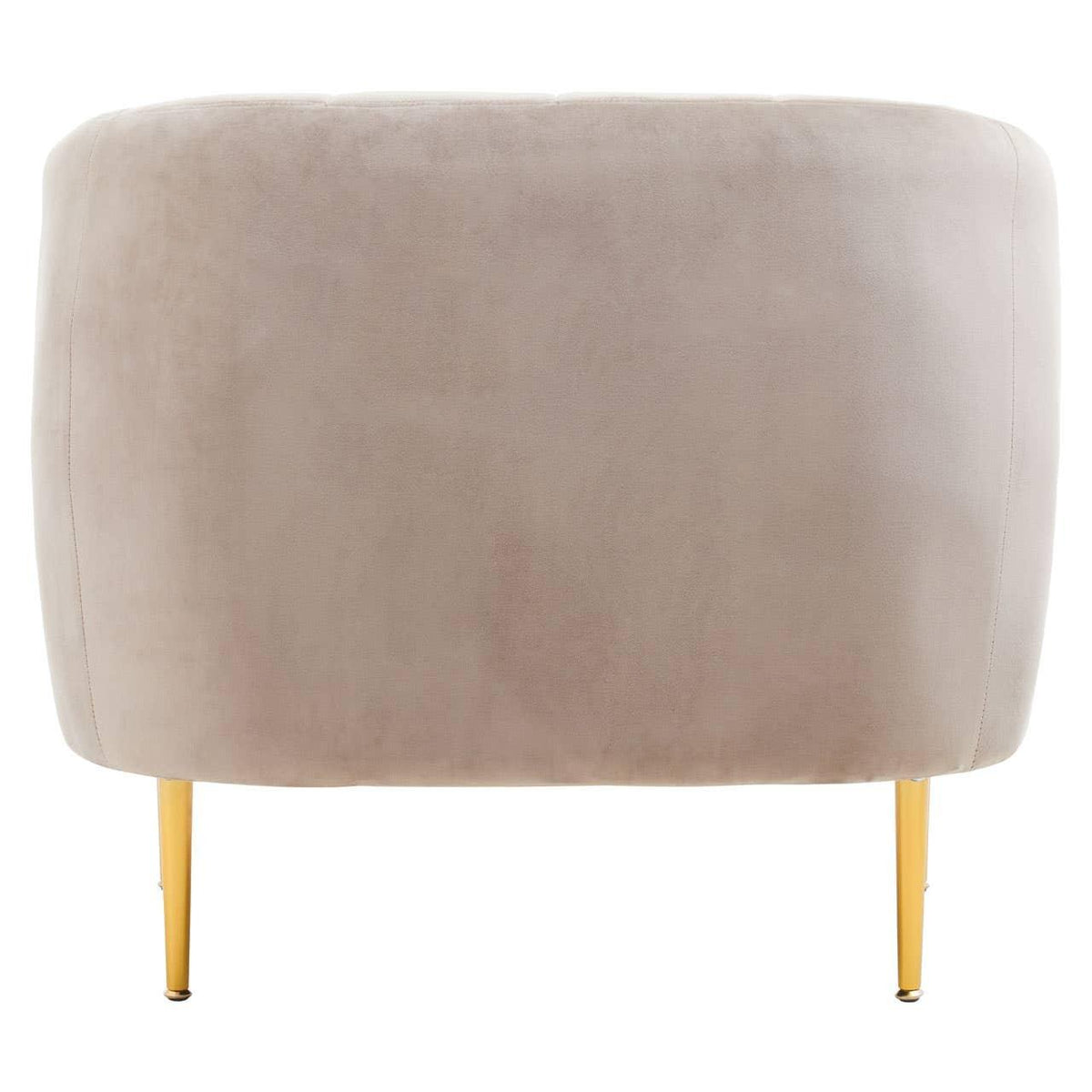 Beige velvet accent chair rear view with slim gold metal legs