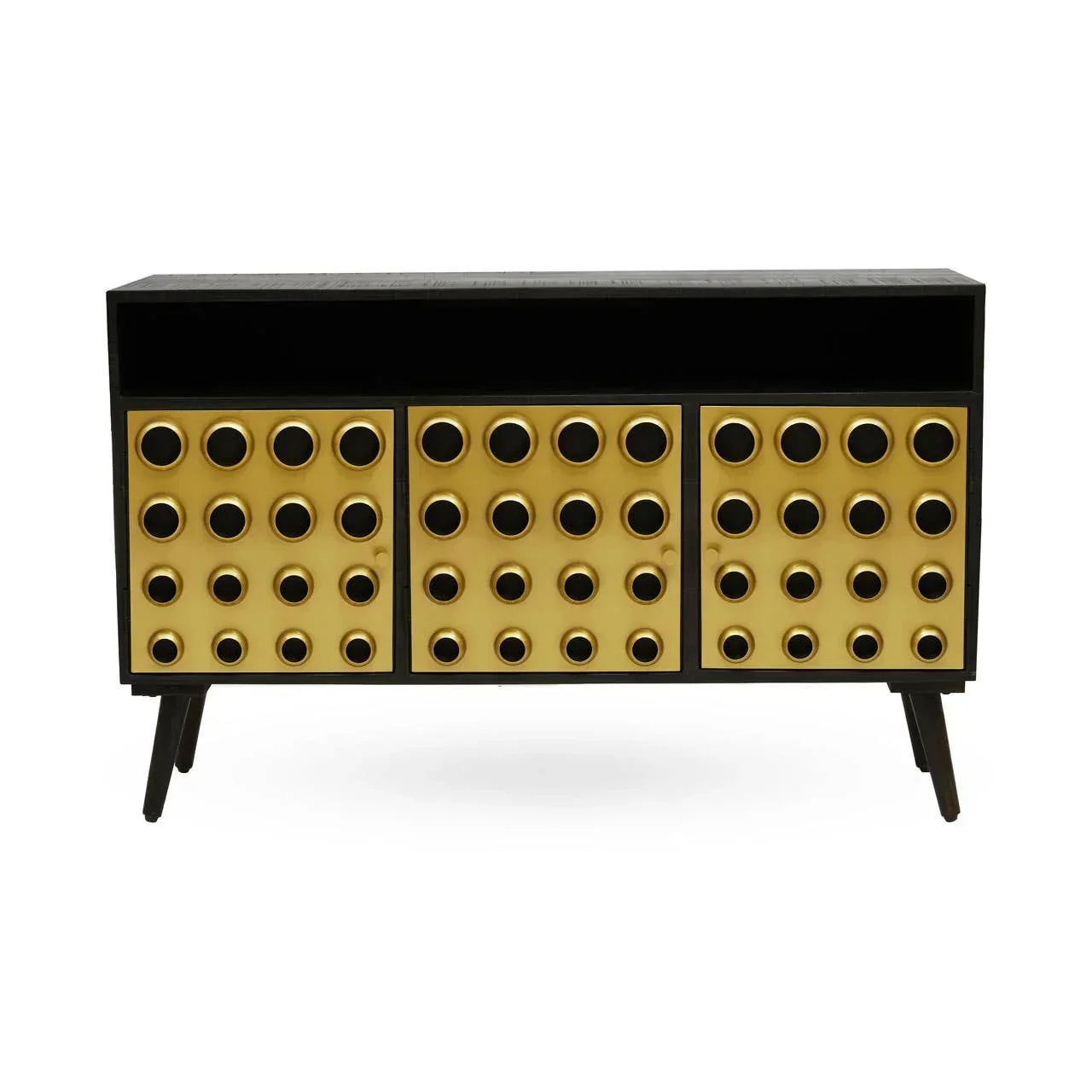 Modern sideboard with black legs and gold circular pattern on cabinet doors