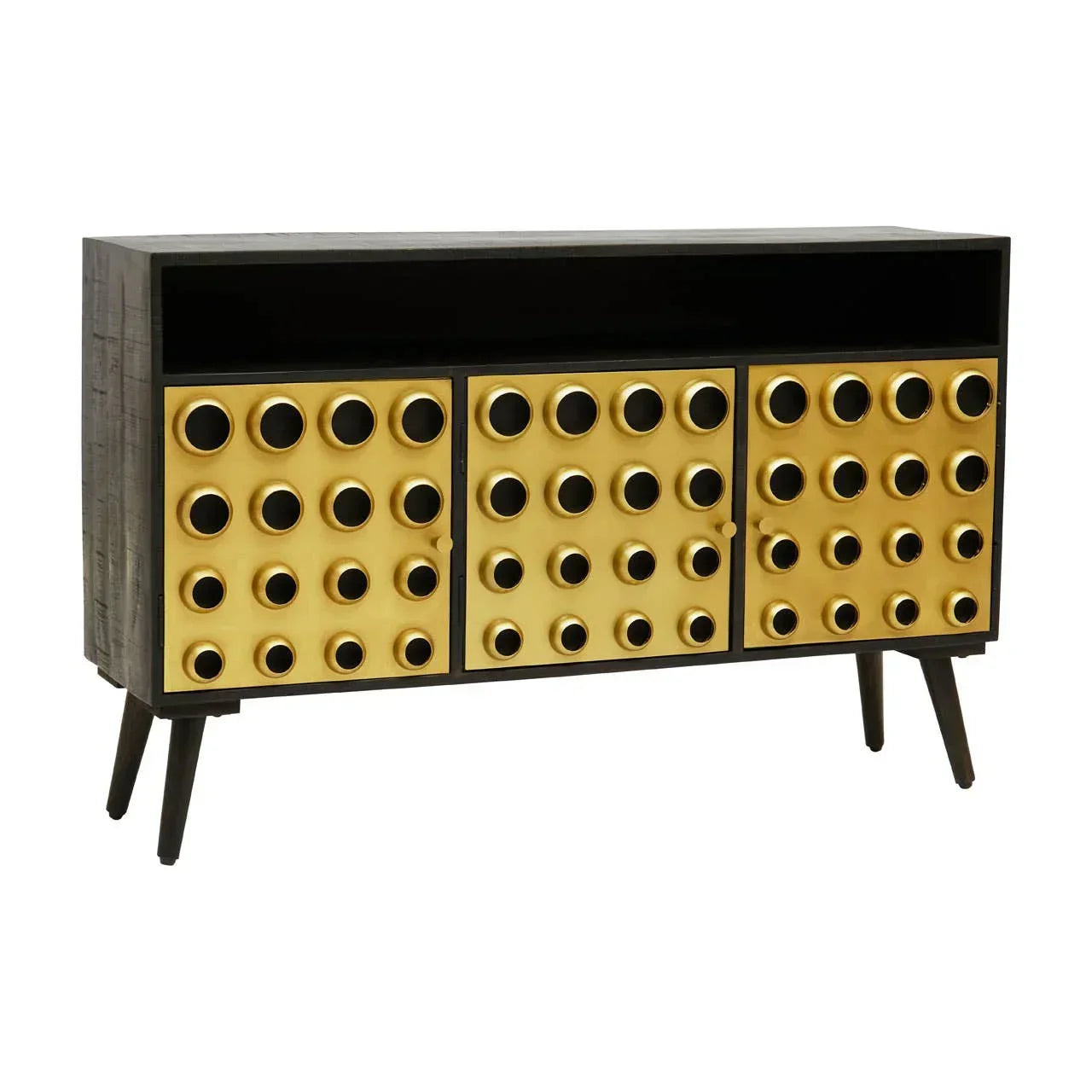 Modern sideboard with gold circular pattern doors and open shelf on tapered black legs