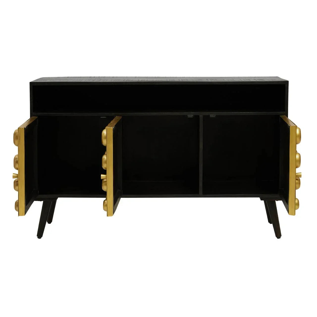 Black modern sideboard with gold accent doors open and angled wooden legs