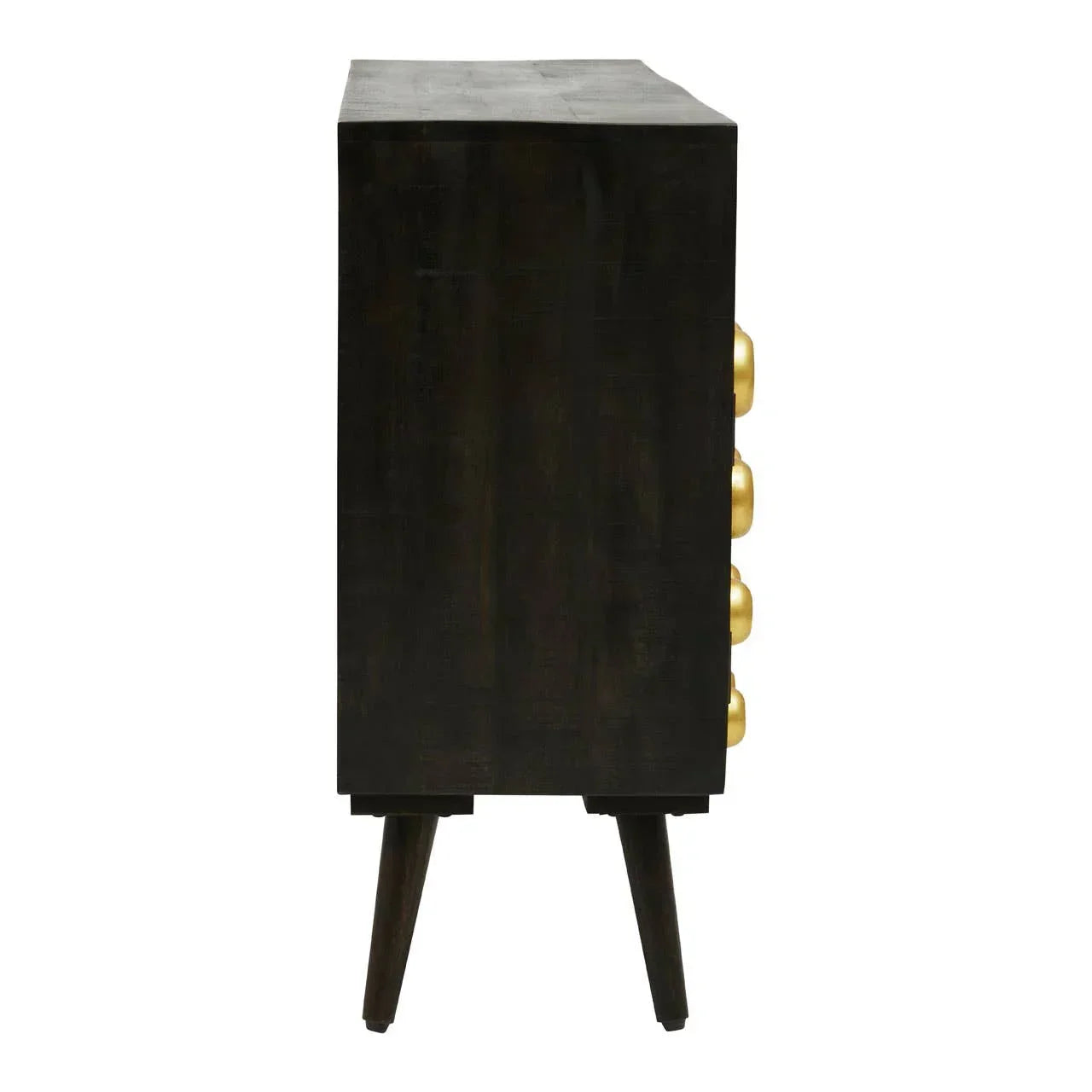 Side view of dark wood chest of drawers with gold handles and tapered legs