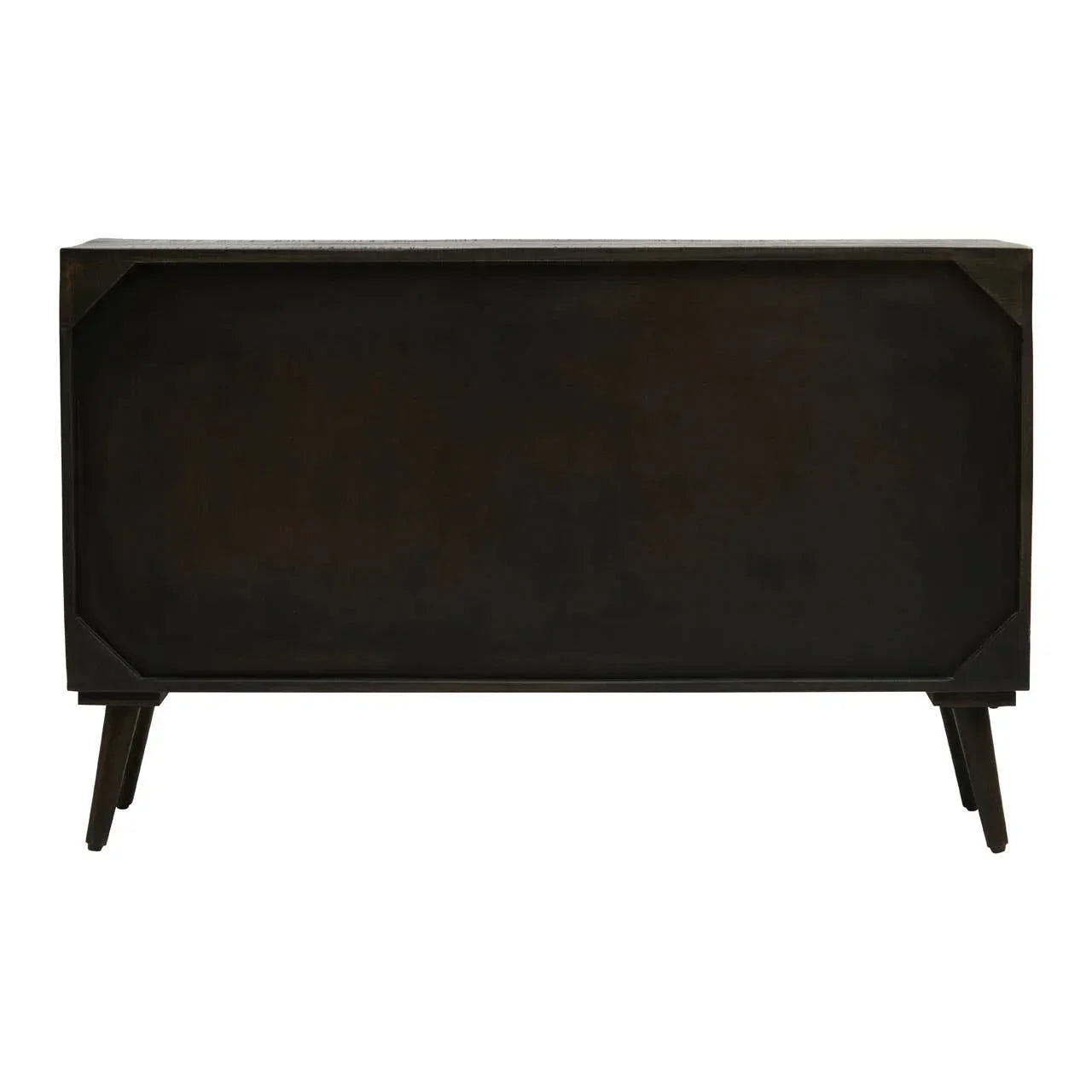 Back view of dark wood sideboard with angled legs