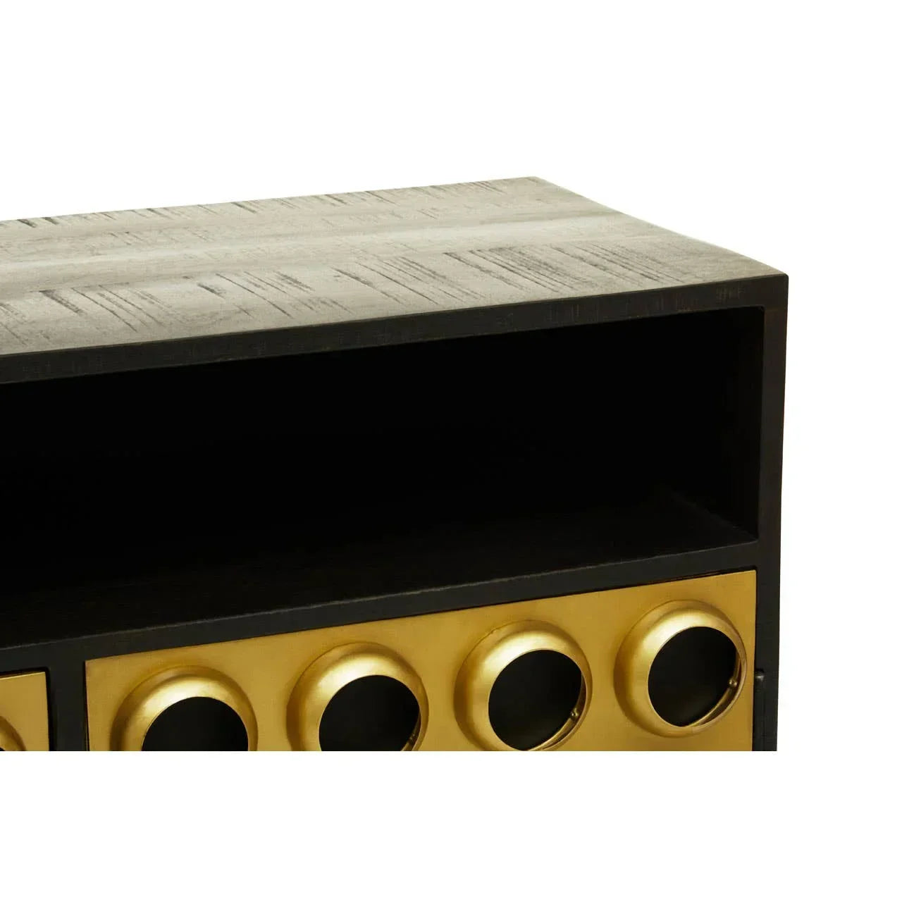 Wooden sideboard with open shelf and gold circular drawer handles, close-up view