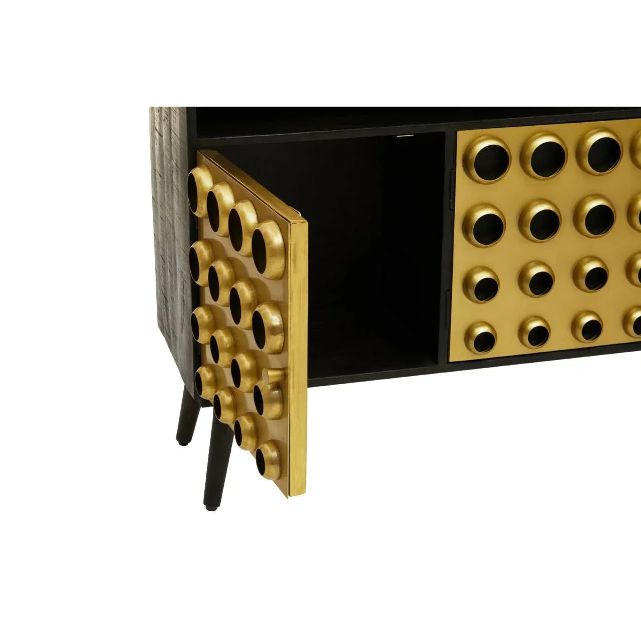 Black and gold sideboard cabinet with textured door open, modern circular pattern detail