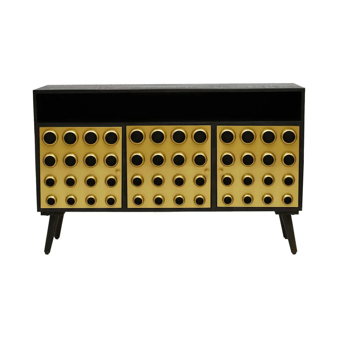 Black and gold sideboard cabinet with three patterned doors and open top shelf